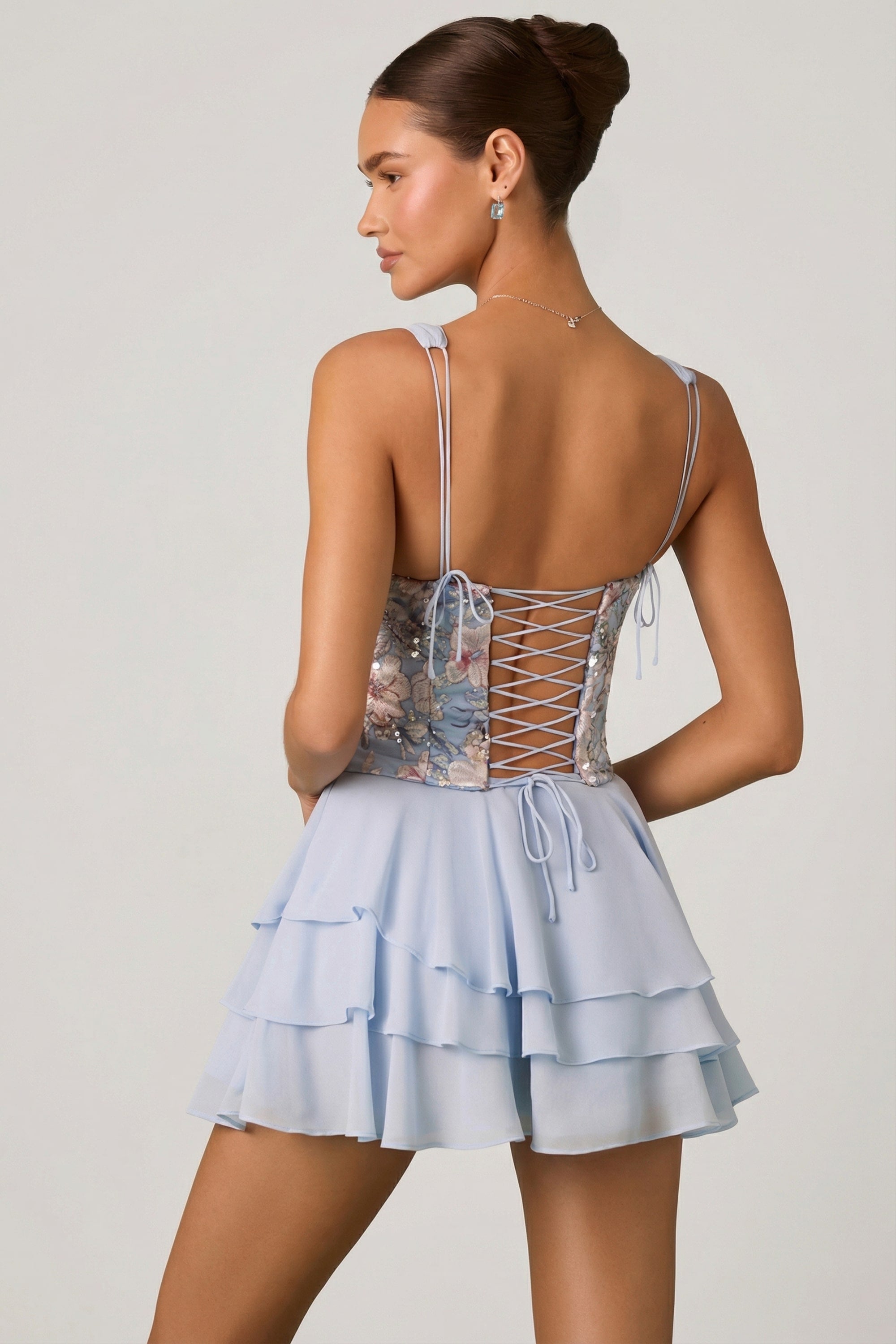 Oh Polly Embellished Floral Corset Waist Mini Dress in Blue-Black Oh Polly Embellished Floral Corset Waist Mini Dress in Blue-Black