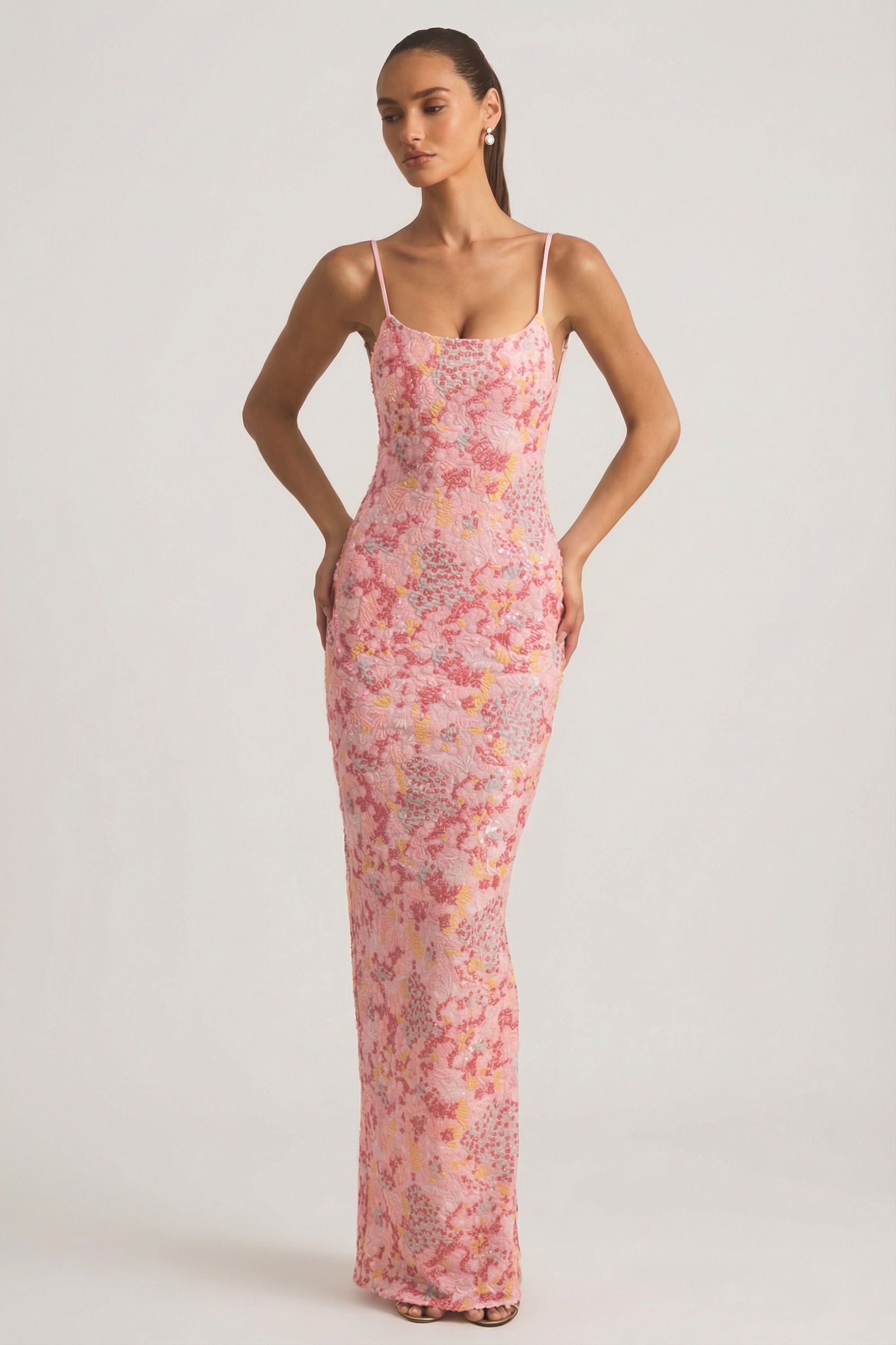 Tavira Embellished Scoop-Neck Backless Maxi Dress in Pink