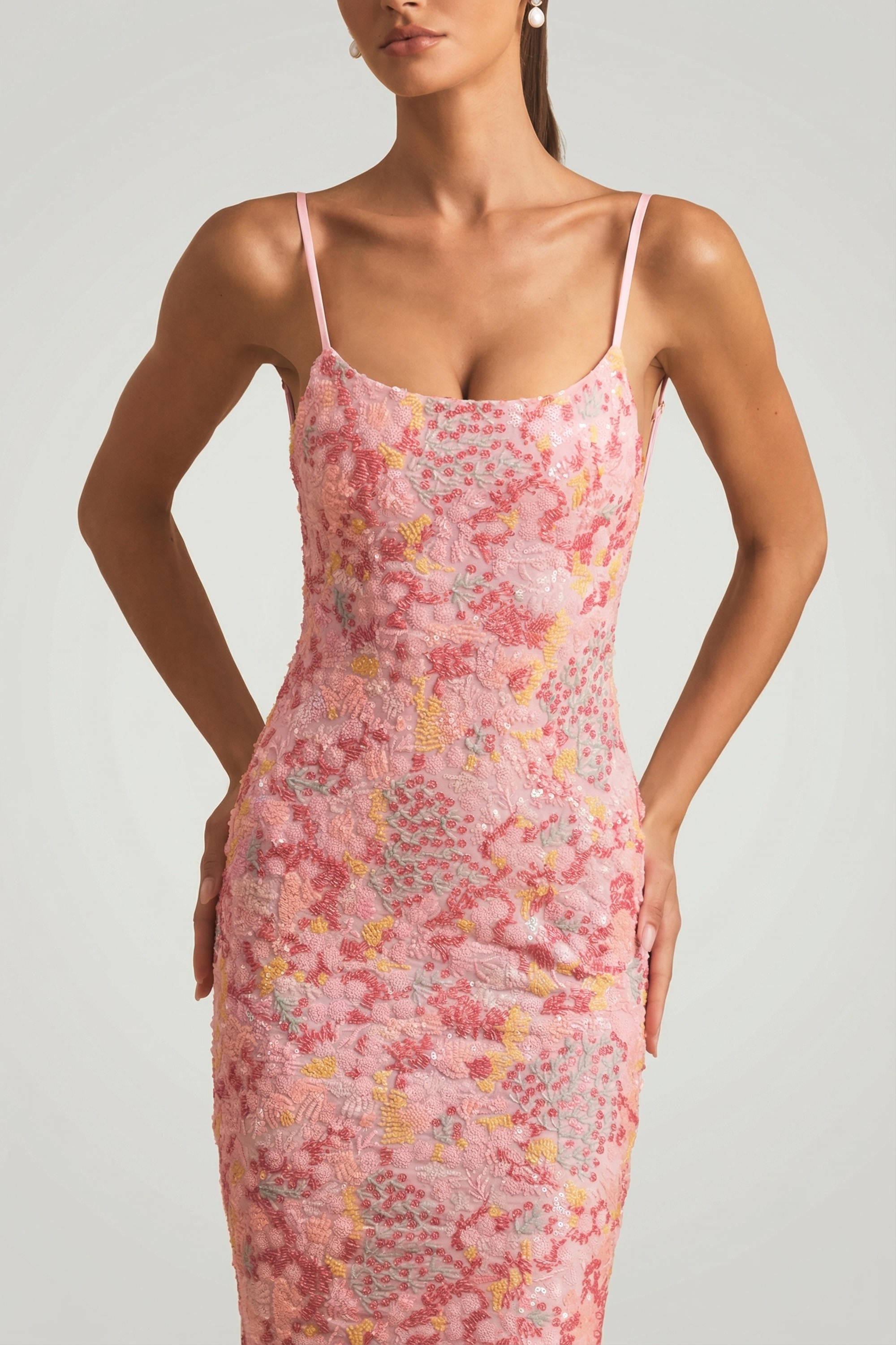 Embellished Scoop-Neck Backless Maxi Dress in Pink - 8