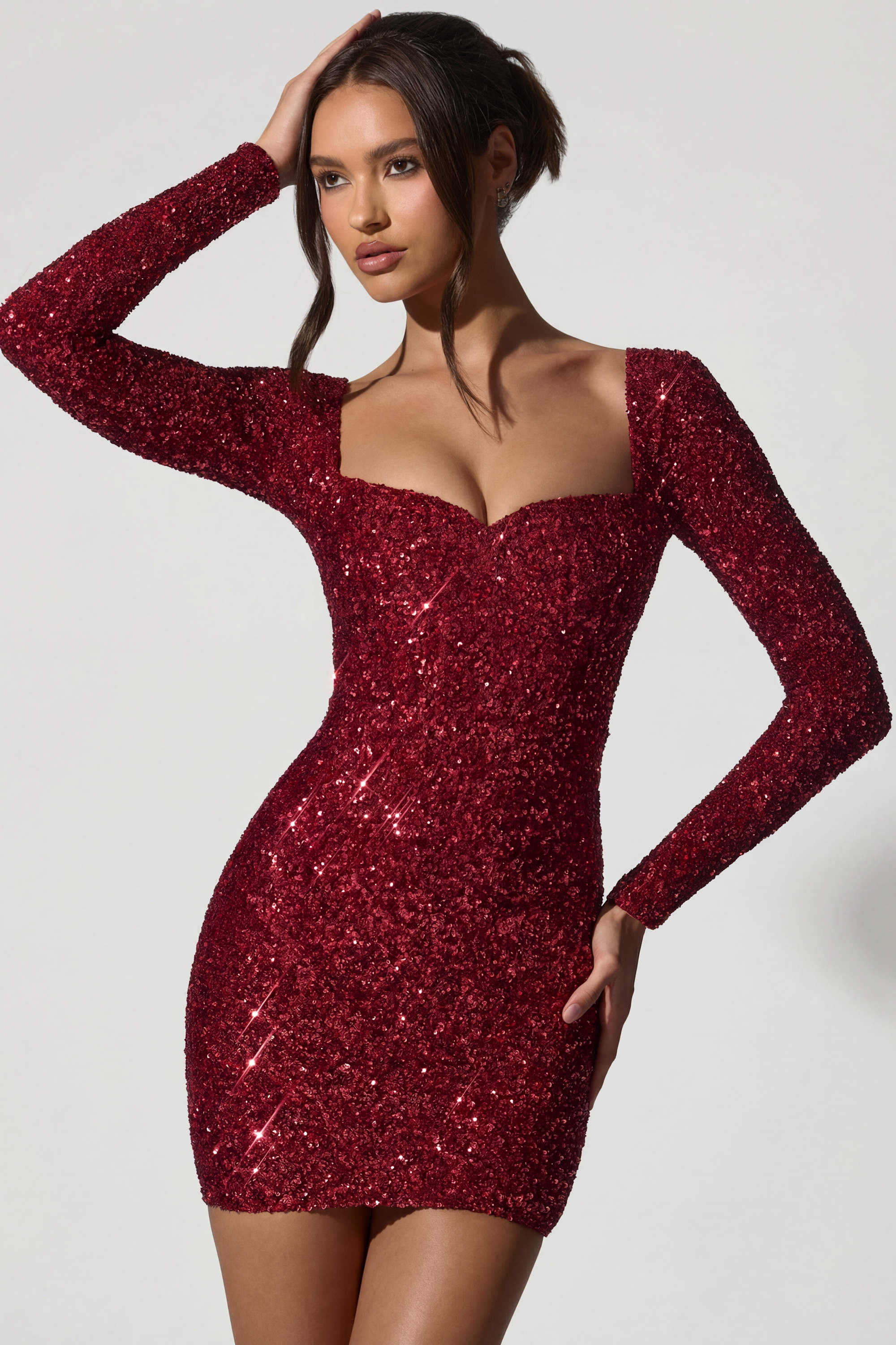 Embellished Sweetheart-Neck Mini Dress in Red