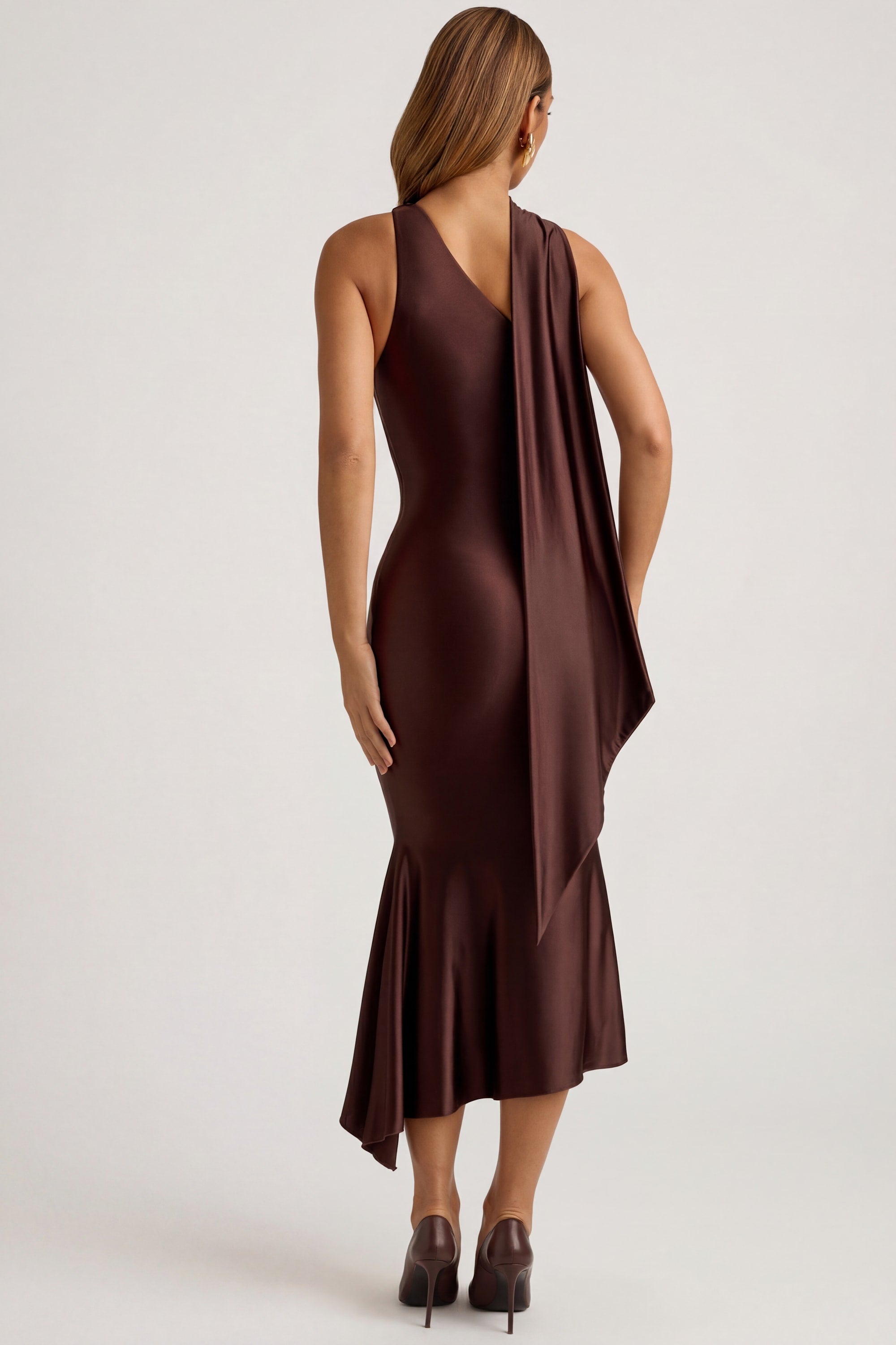 Shaya Asymmetric Scarf-Detail Midaxi Dress in Chocolate Brown – Oh