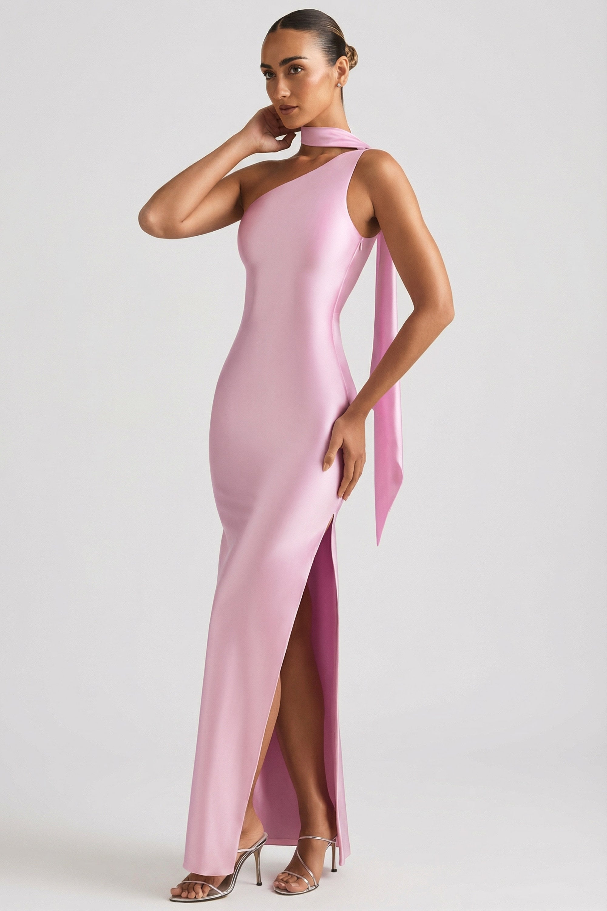 Sheril Asymmetric Scarf-Detail Maxi Dress in Soft Pink