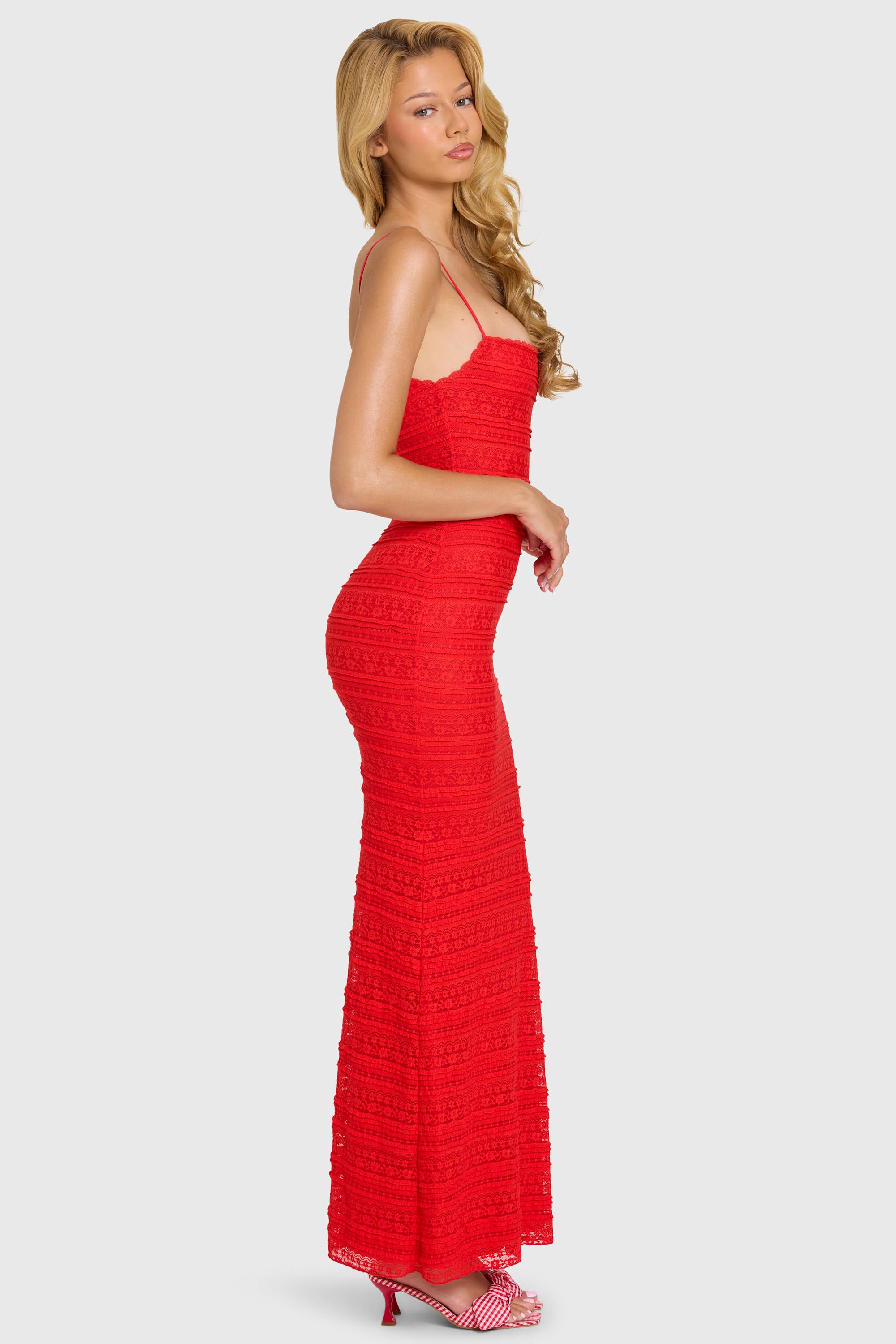 cherry red lace dress ASOS DESIGN fringe embellished cowl neck maxi dress with lace bralet underlay in cherry red