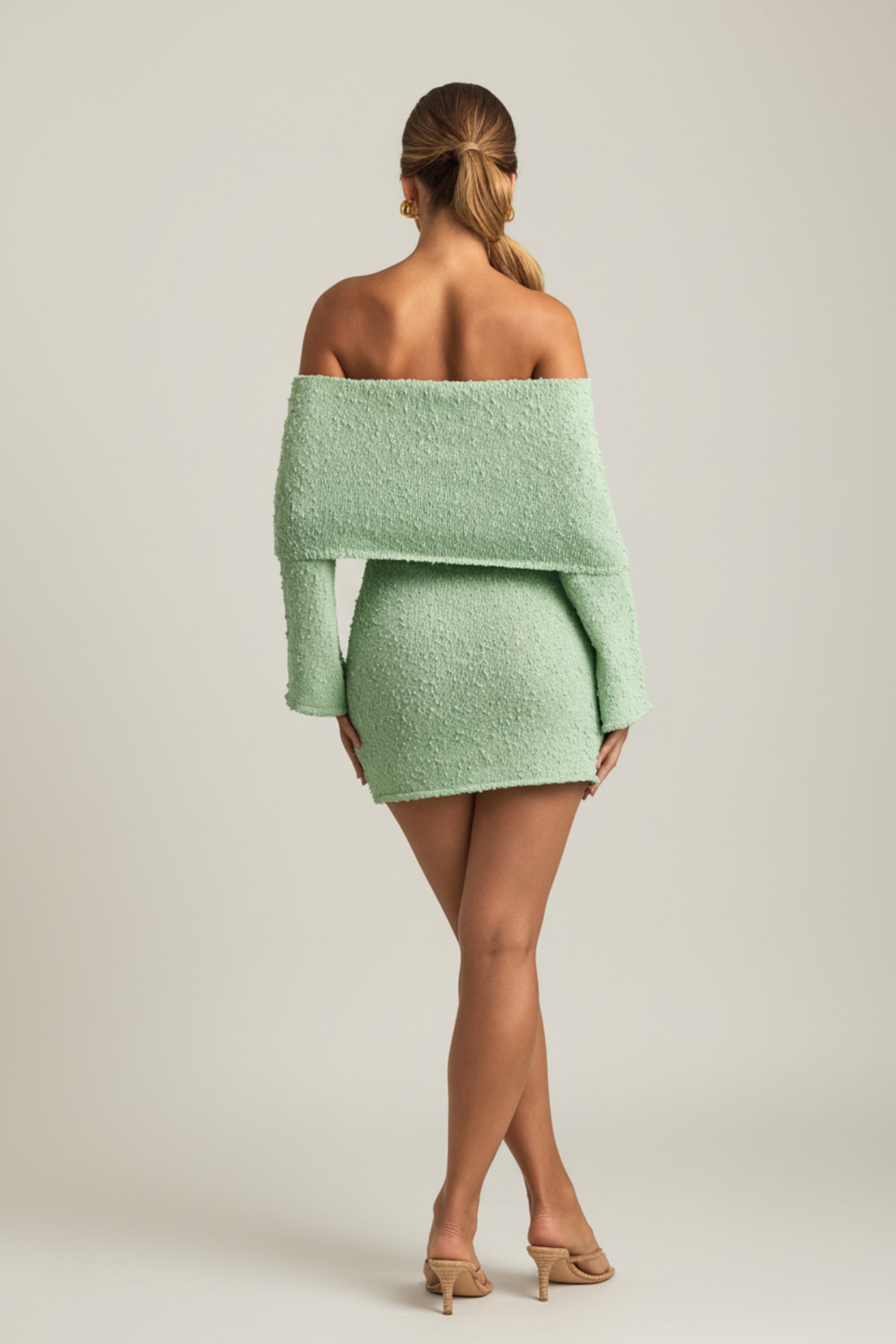 mint strapless mini dress Bouclé Off-Shoulder Mini Dress in Mint - XXS