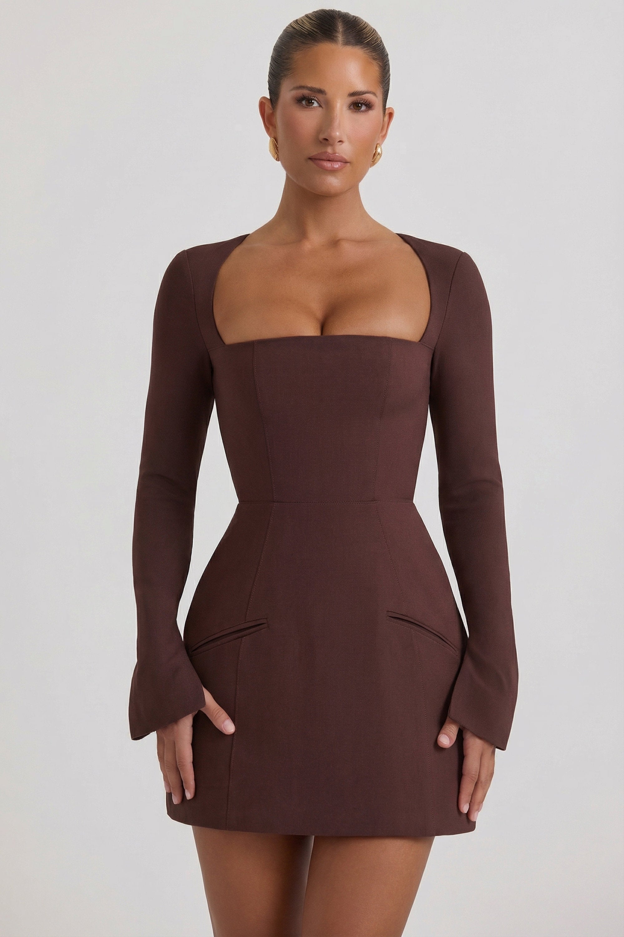 Square-Neck Structured Tulip Mini Dress in Chocolate Brown Square-Neck Structured Tulip Mini Dress in Chocolate Brown