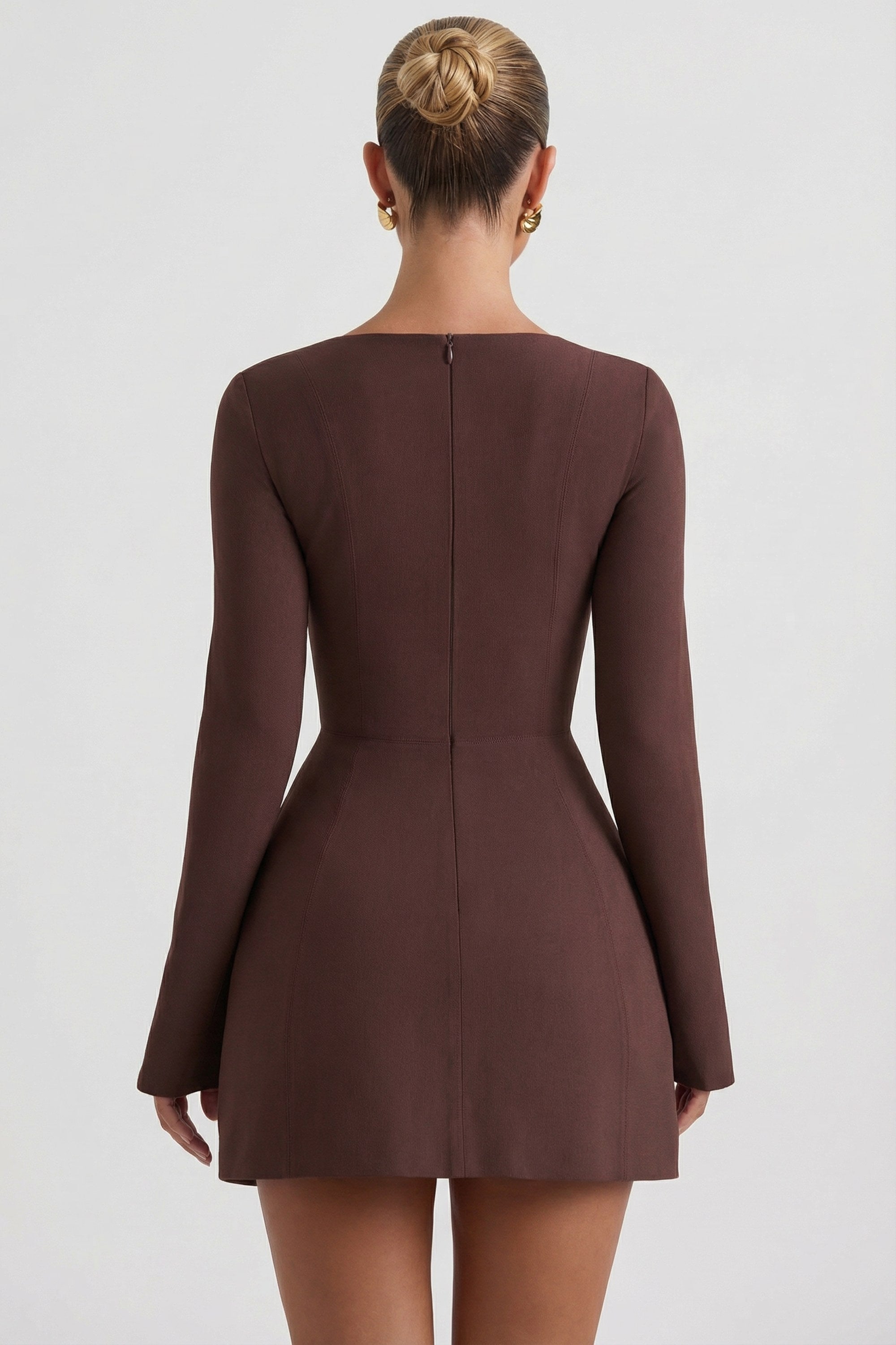 Taesha Square-Neck Structured Tulip Mini Dress in Chocolate Brown