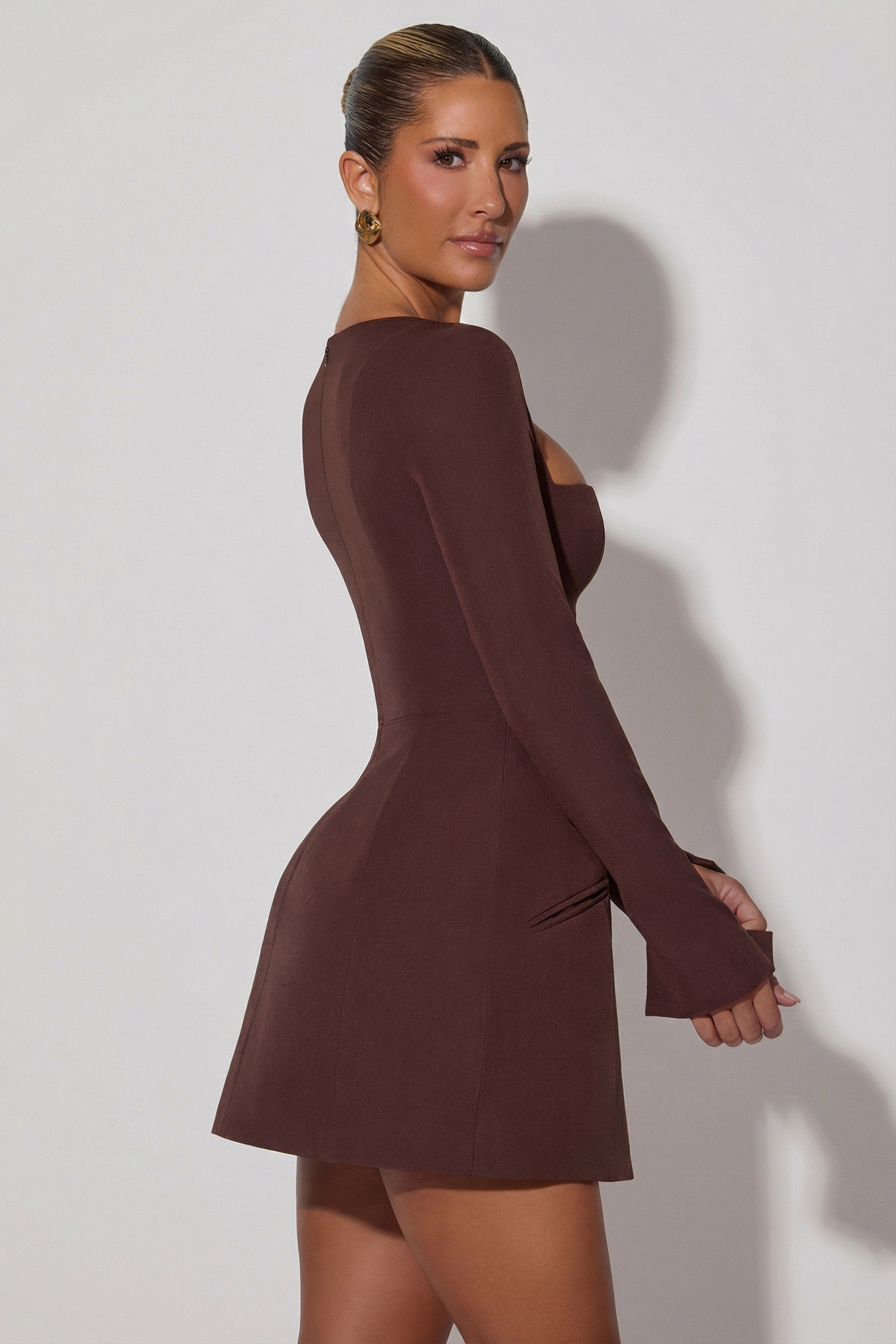 Square-Neck Structured Tulip Mini Dress in Chocolate Brown Square-Neck Structured Tulip Mini Dress in Chocolate Brown