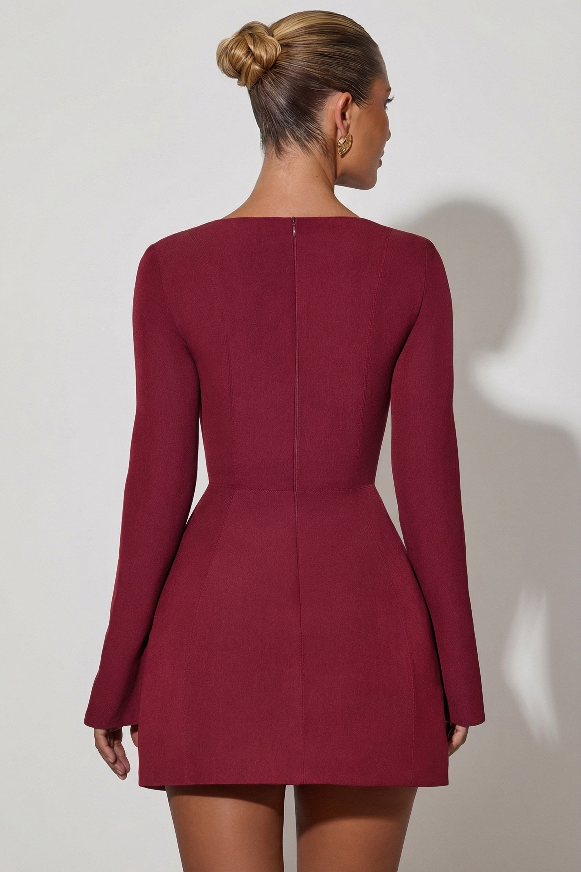 Square-Neck Structured Tulip Mini Dress in Wine Red - 2