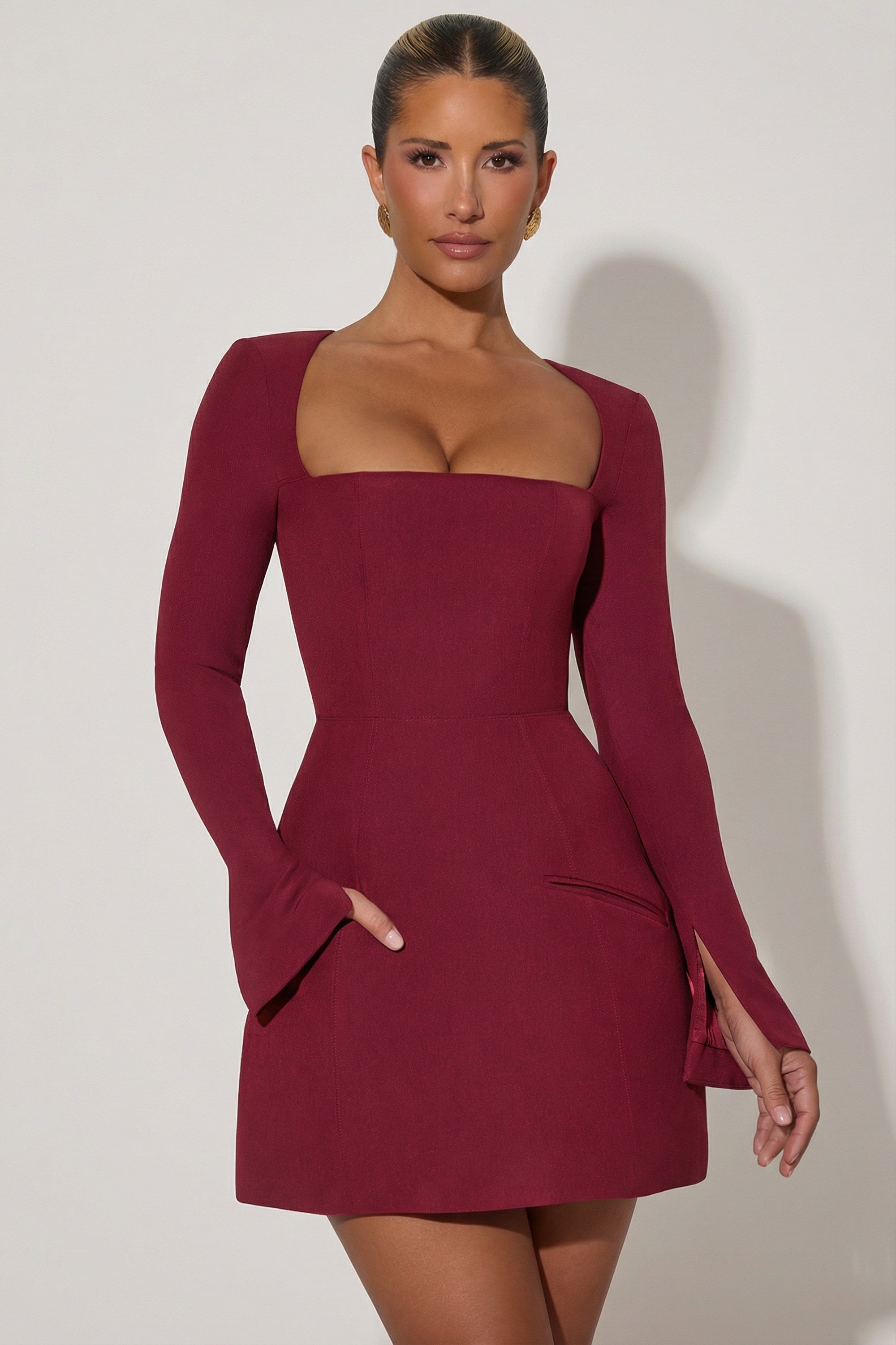 Square-Neck Structured Tulip Mini Dress in Wine Red - 10 | Oh Polly Square-Neck Structured Tulip Mini Dress in Wine Red - 10 | Oh Polly