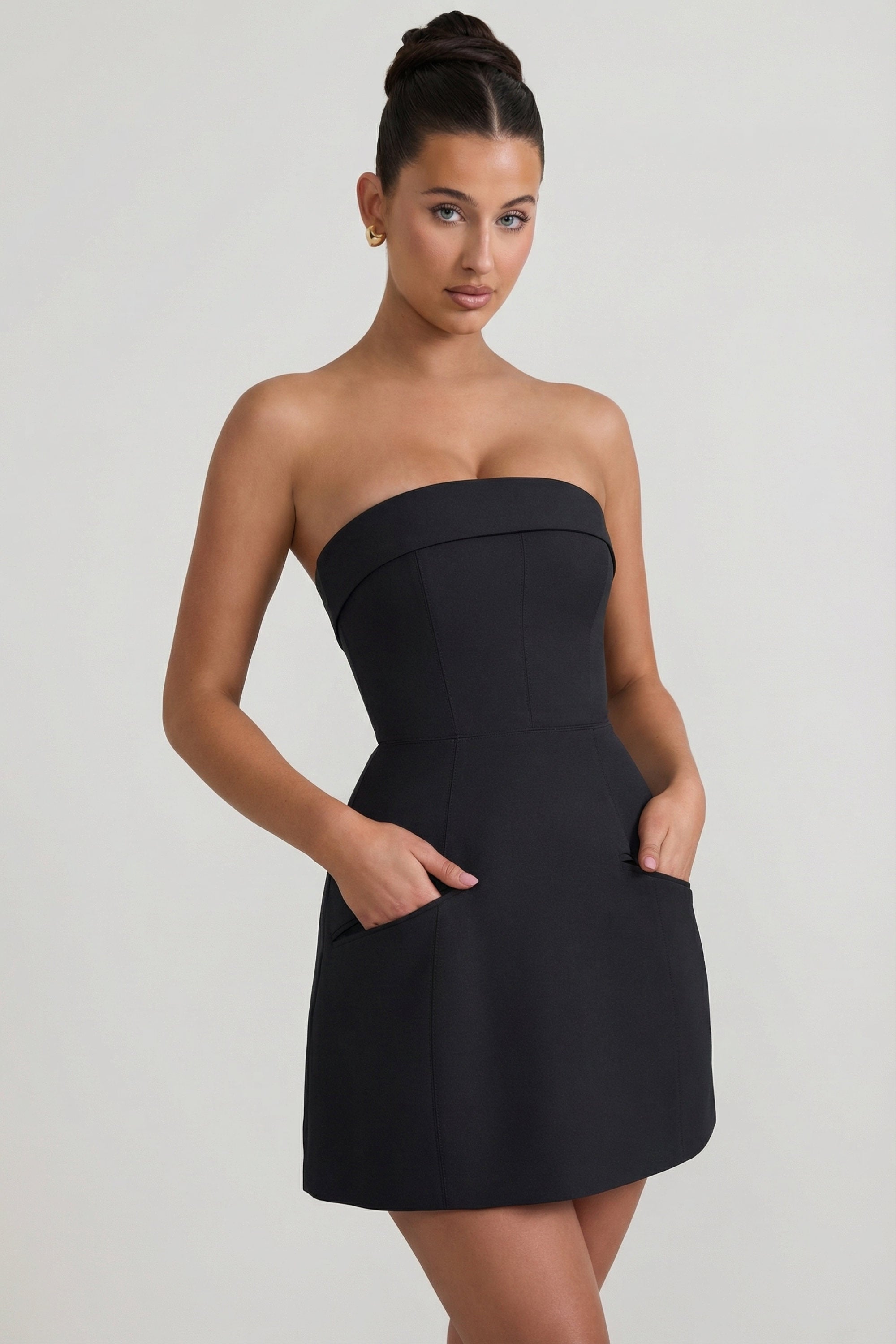 Taia Foldover-Neck Structured Tulip Mini Dress in Black | Oh Polly