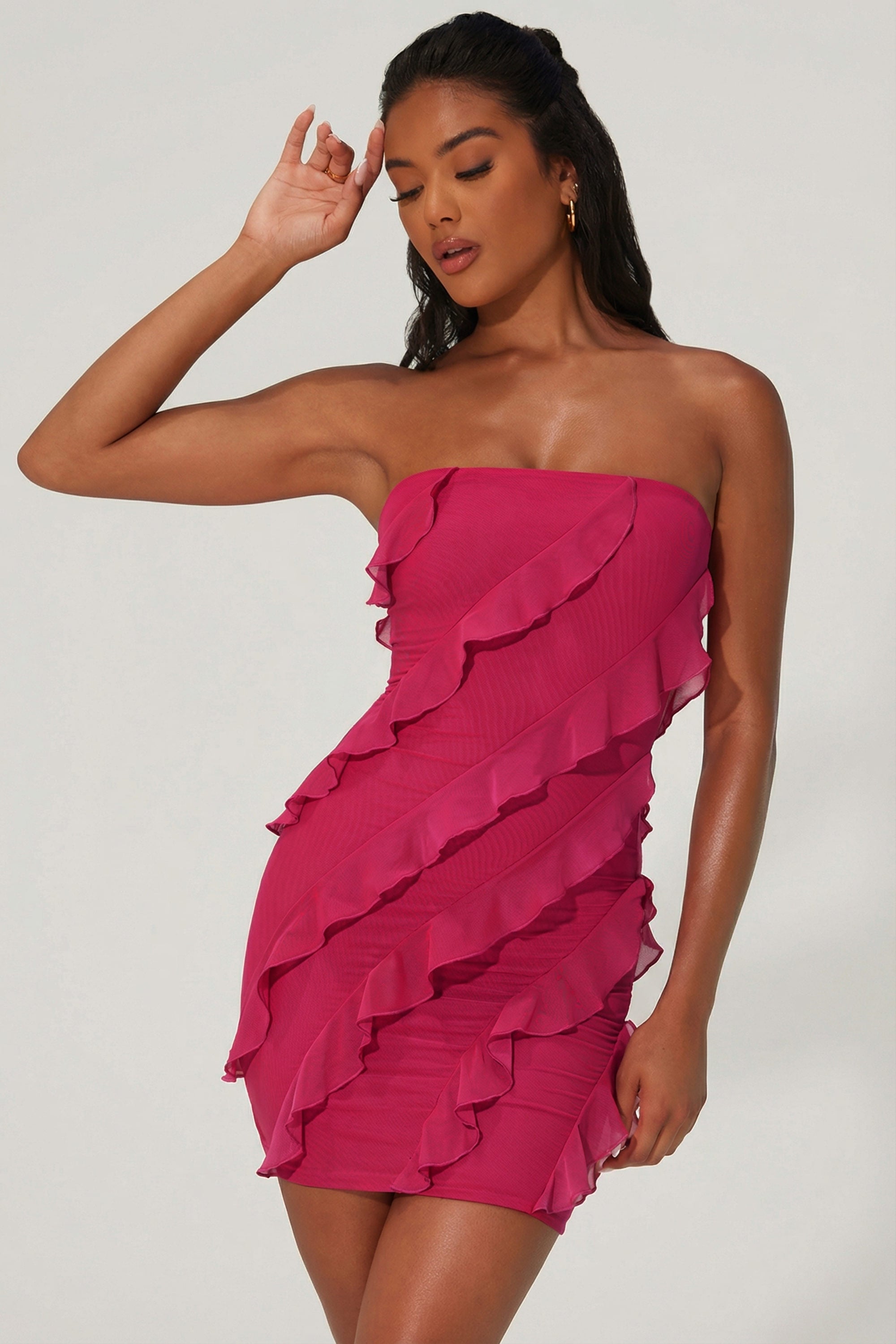 Tatiana Bandeau Ruffle Detail Mini Dress in Fuchsia | Oh Polly