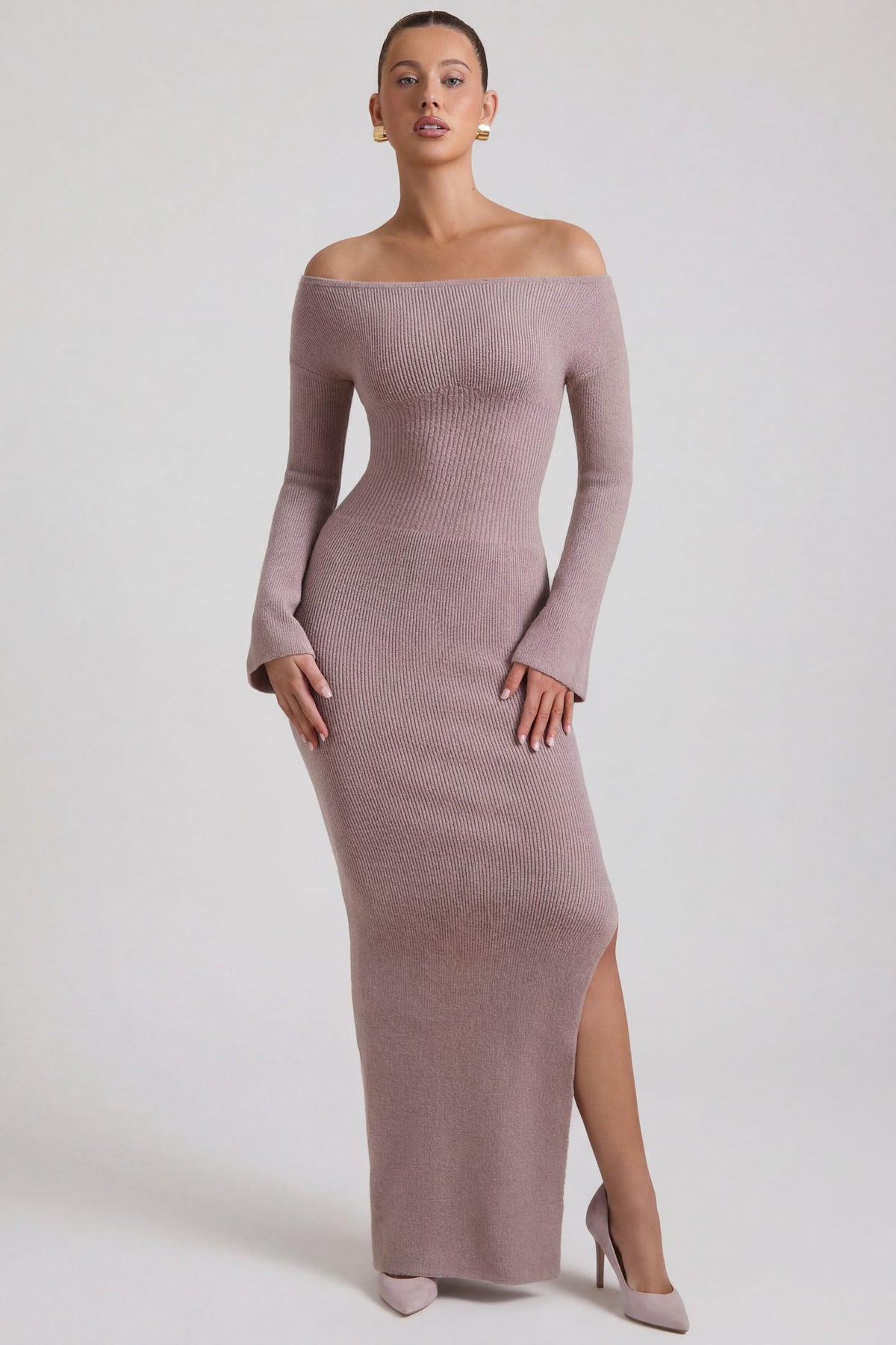 bodycon knit maxi dress Ribbed-Knit Off-Shoulder in Taupe - XS Tamaño:S jacquenta For Love & Lemons 34” Height