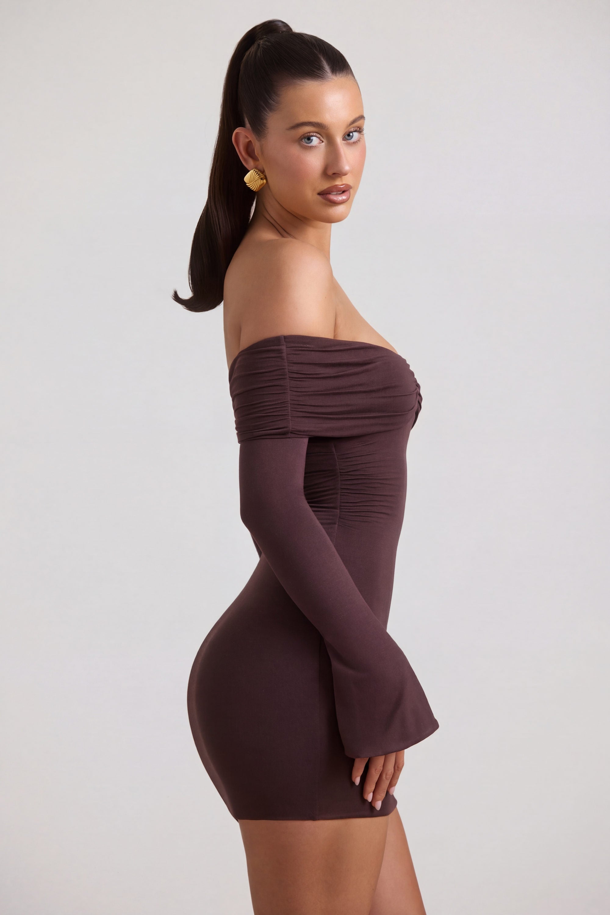 off the shoulder cashmere dress Modal-Cashmere Blend Off-Shoulder Ruched Mini Dress in Espresso - L