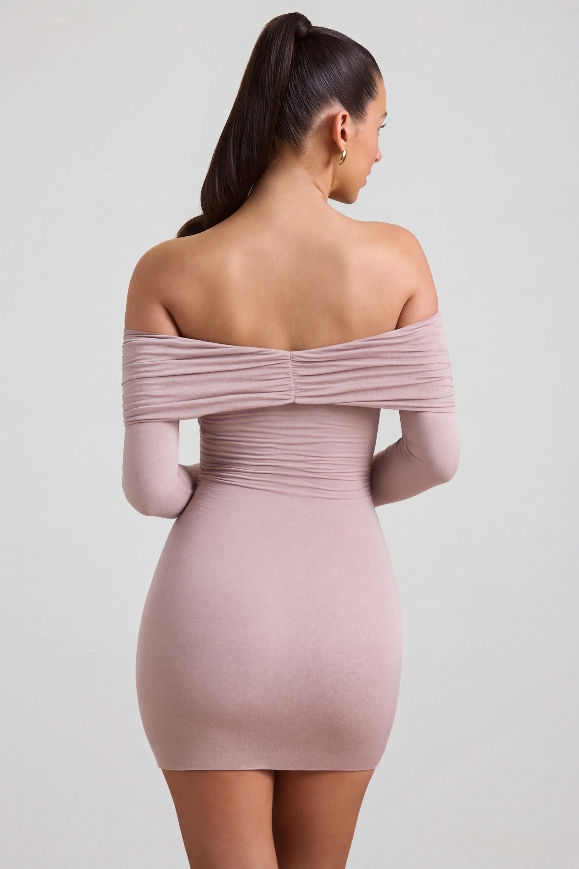 off shoulder cashmere dress Modal-Cashmere Blend Off-Shoulder Ruched Mini Dress in Taupe - S