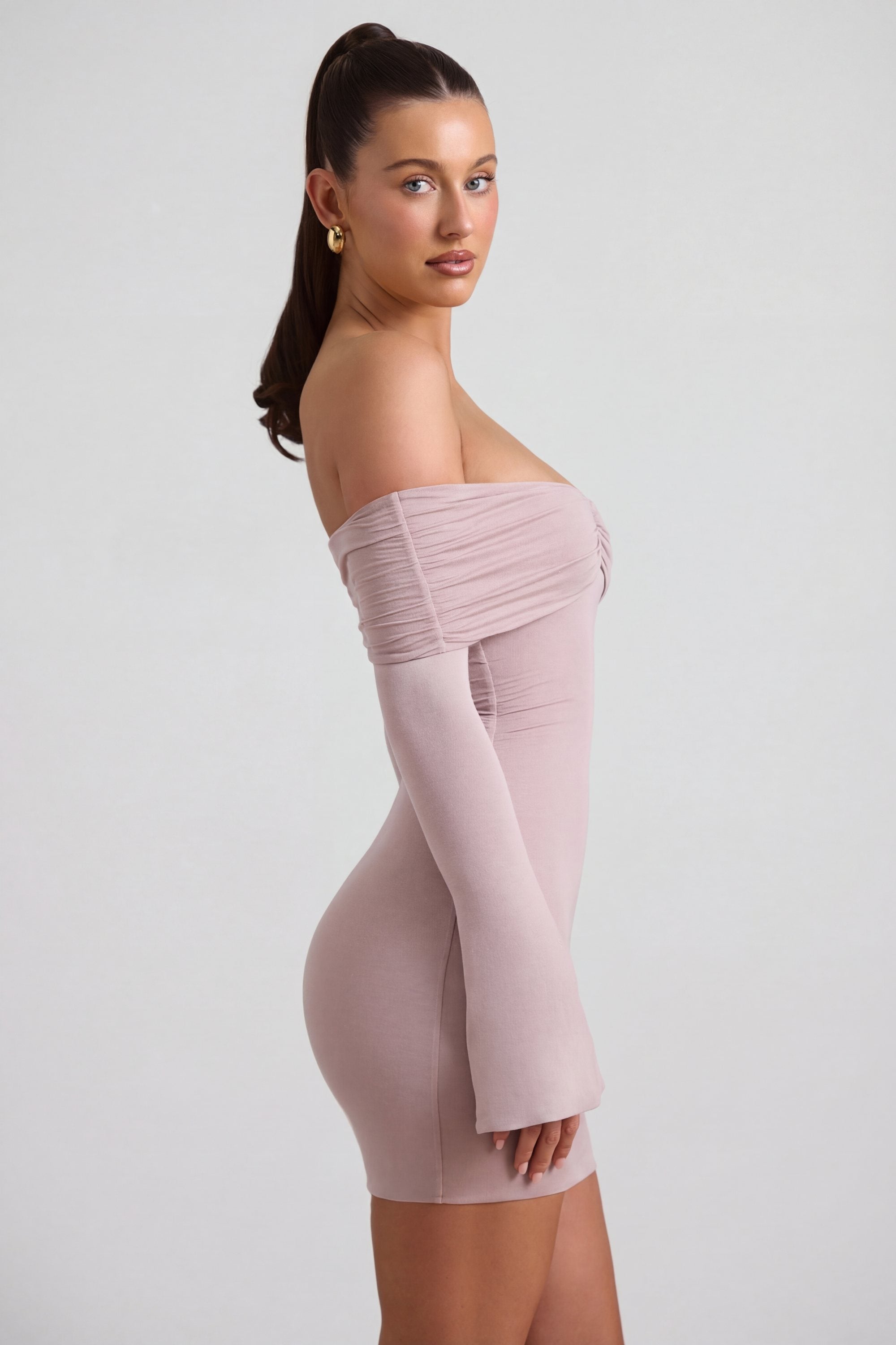 Thais Modal-Cashmere Blend Off-Shoulder Ruched Mini Dress in Taupe