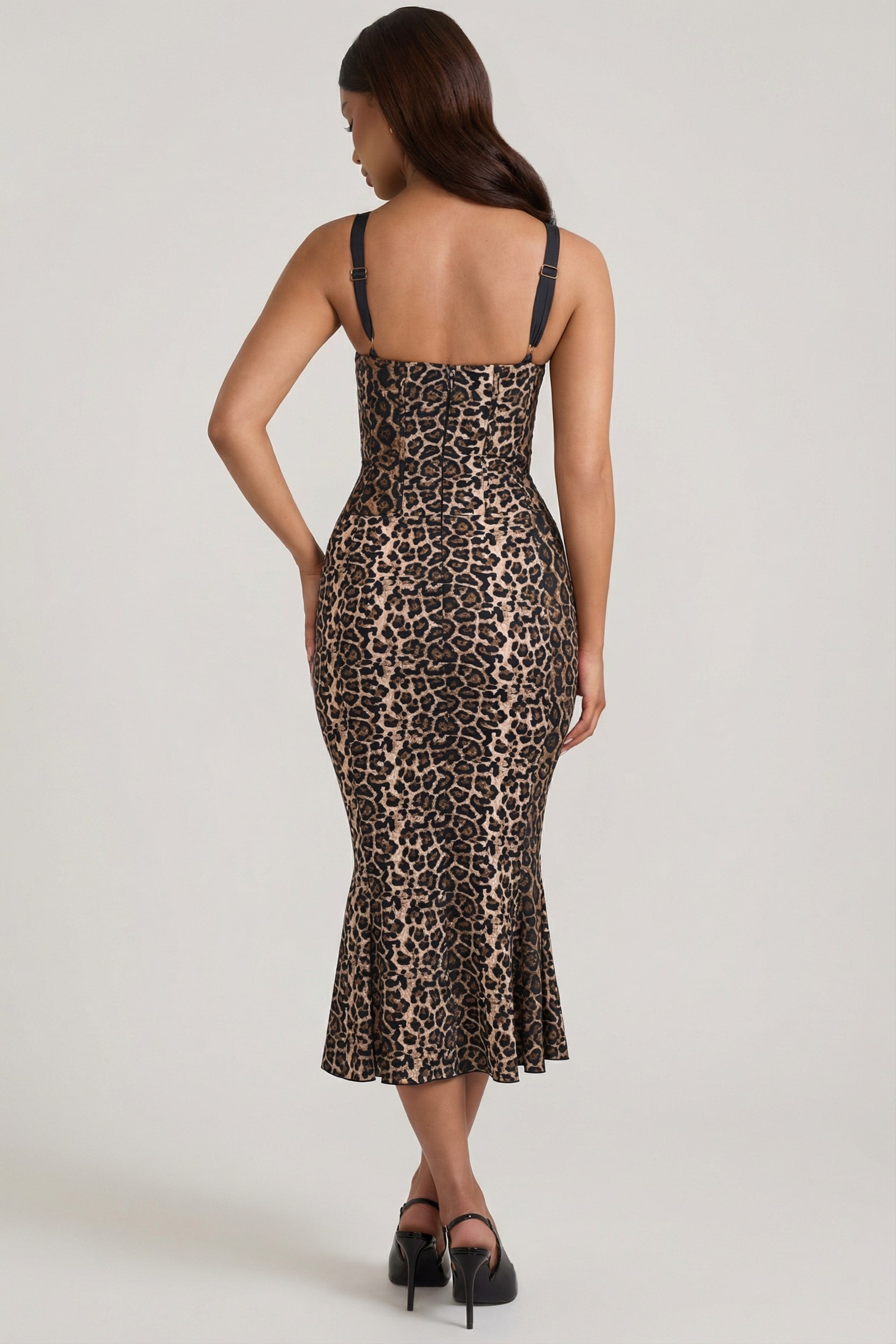 Layered Bra-Detail Fishtail Midaxi Dress in Leopard Print - 8