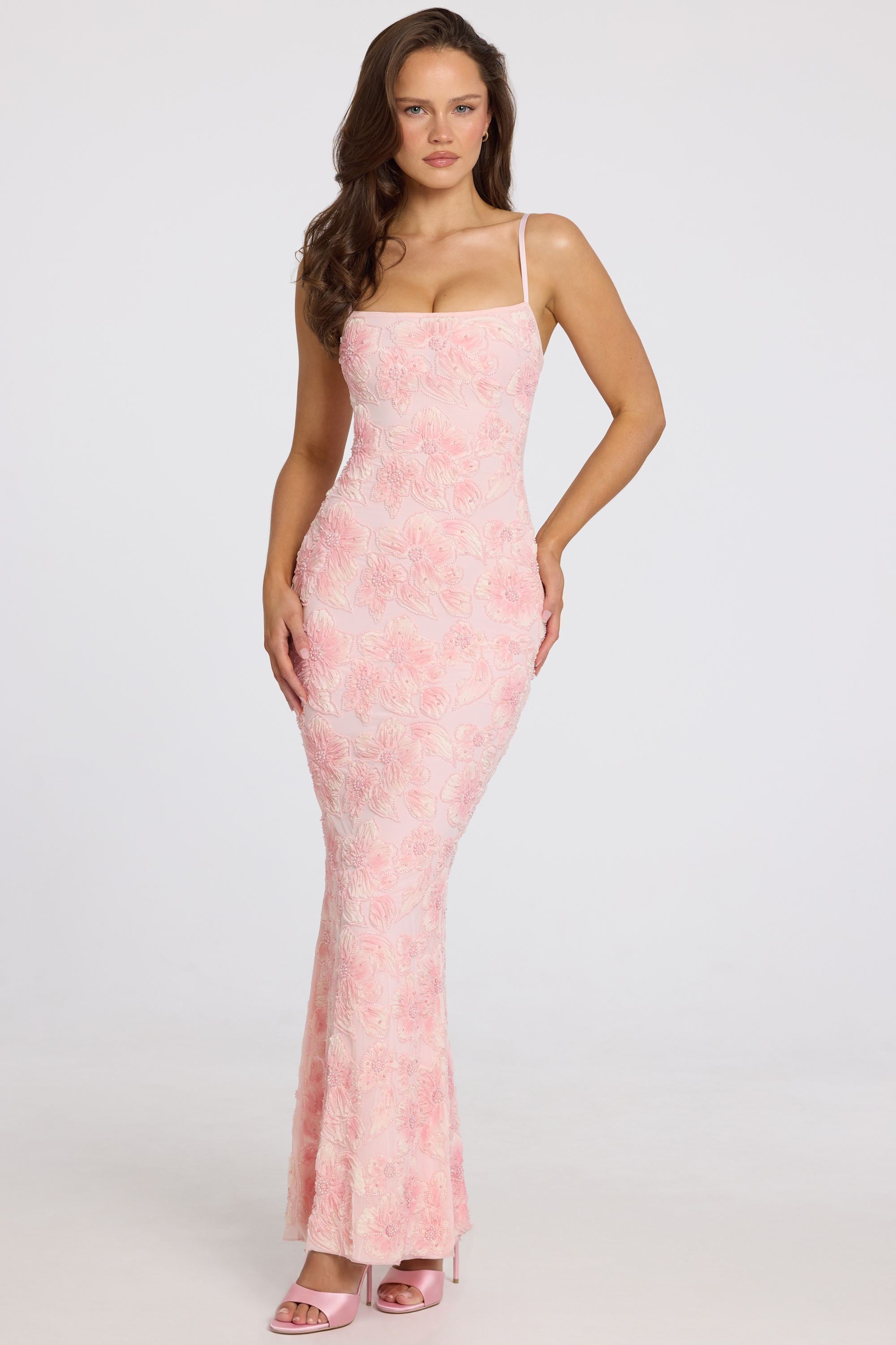pink ombre dress Embellished Square-Neck Maxi Dress in Soft Pink Ombre