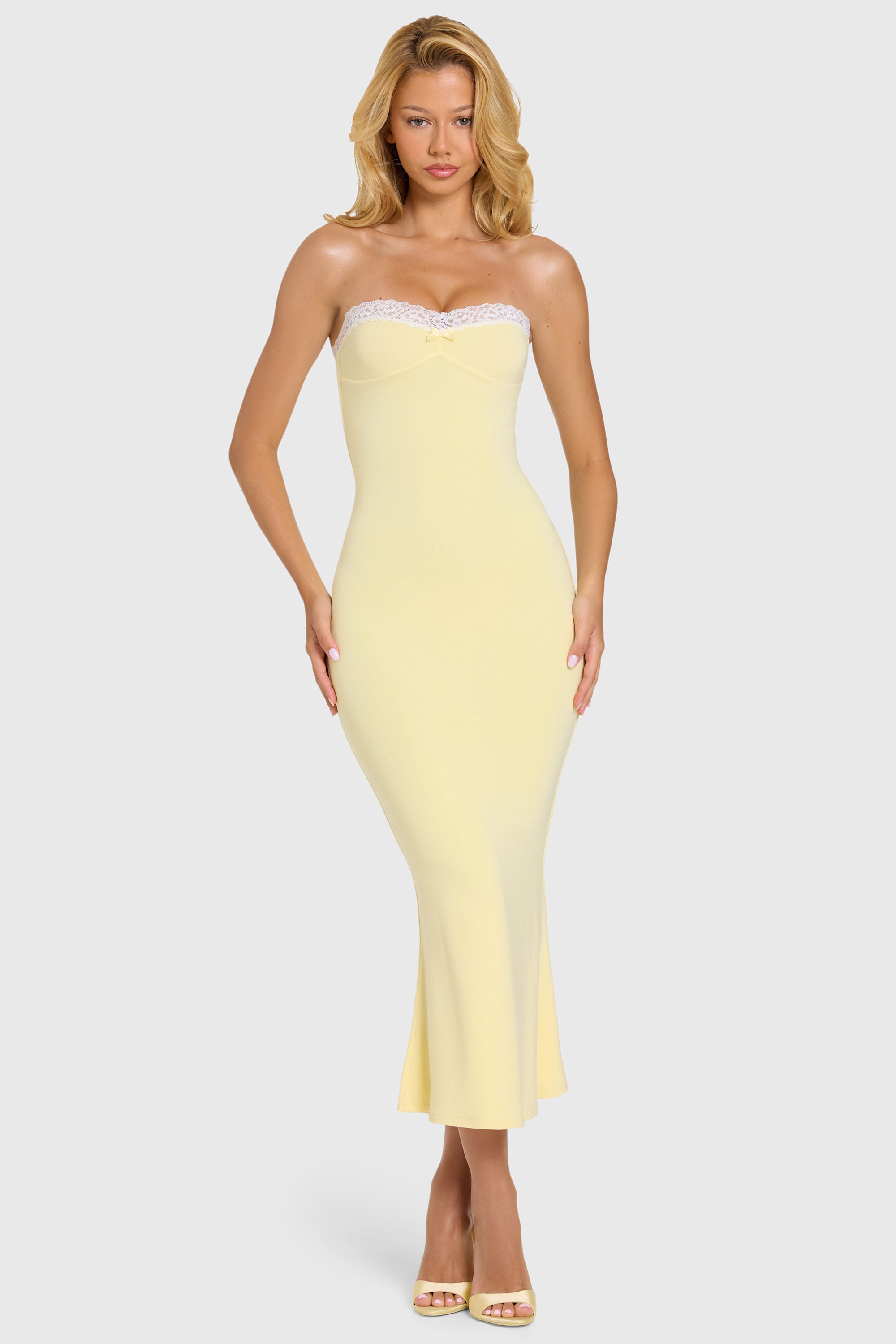 Winslet Modal Lace-Trim Midaxi Dress in Butter Yellow | Oh Polly