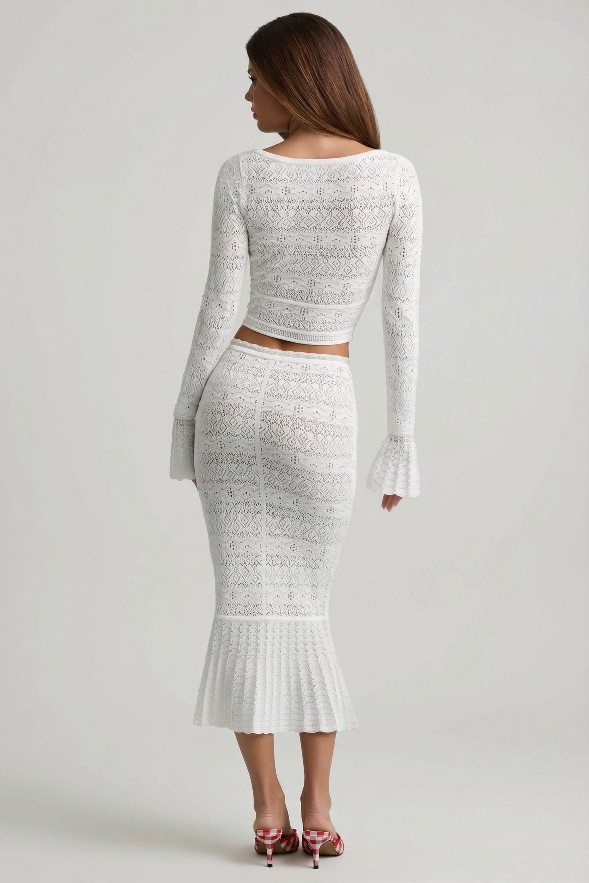 Ruffle-Trim Pointelle-Knit Midaxi Skirt in White - XL