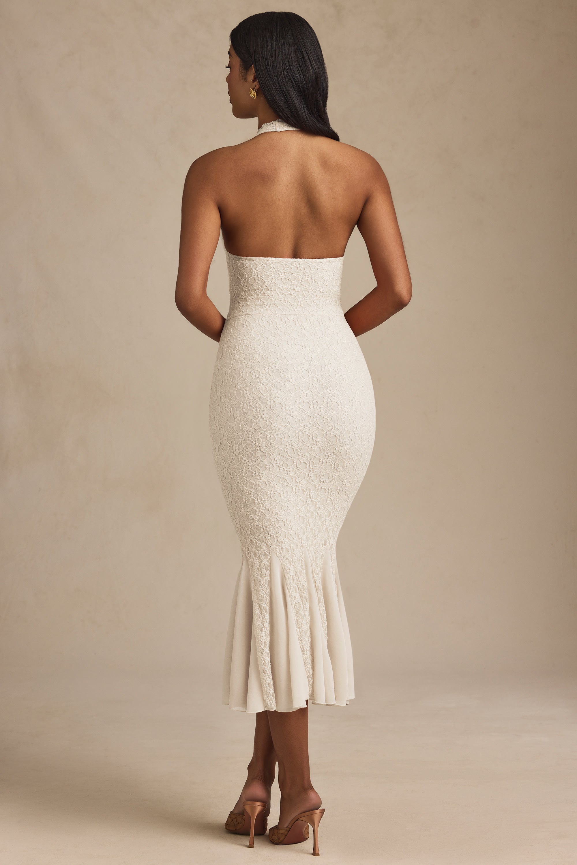 Olena Halterneck Corset Lace Midaxi Dress in Ivory | Oh Polly