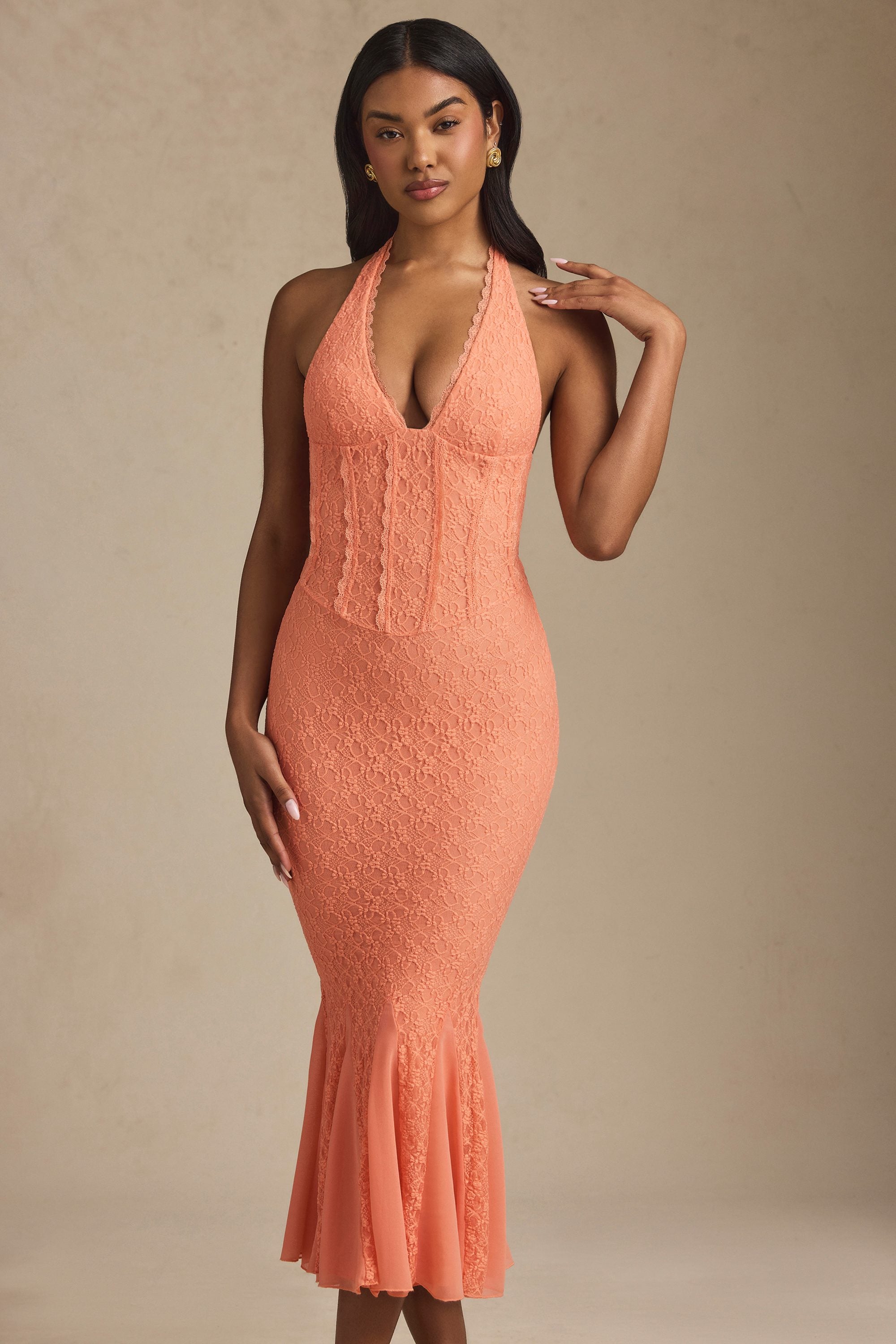 Olena Halterneck Corset Lace Midaxi Dress in Peach | Oh Polly