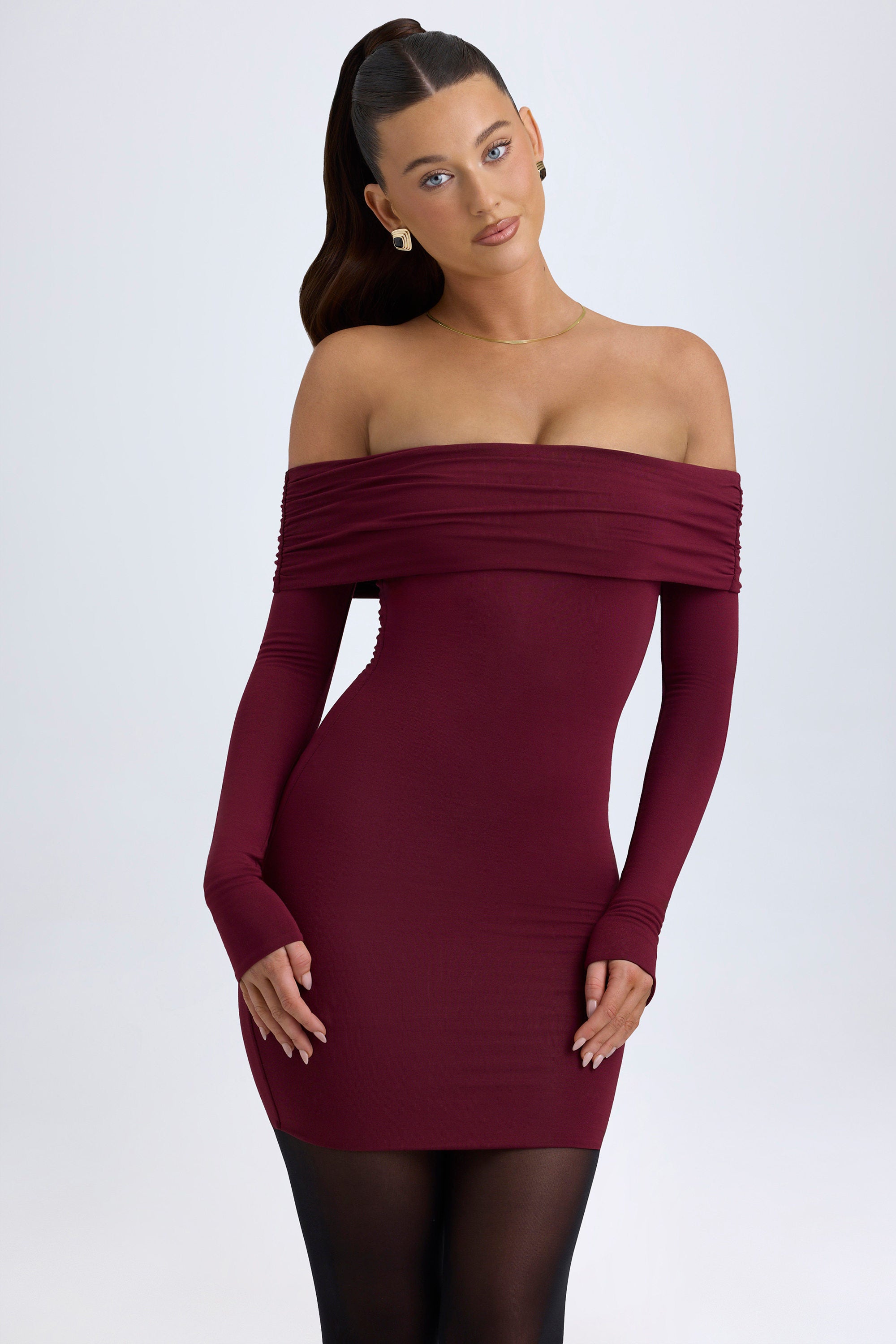 Oriana Modal Off-Shoulder Mini Dress in Wine Red | Oh Polly XS Oriana Modal Off-Shoulder Mini Dress in Wine Red | Oh Polly XS