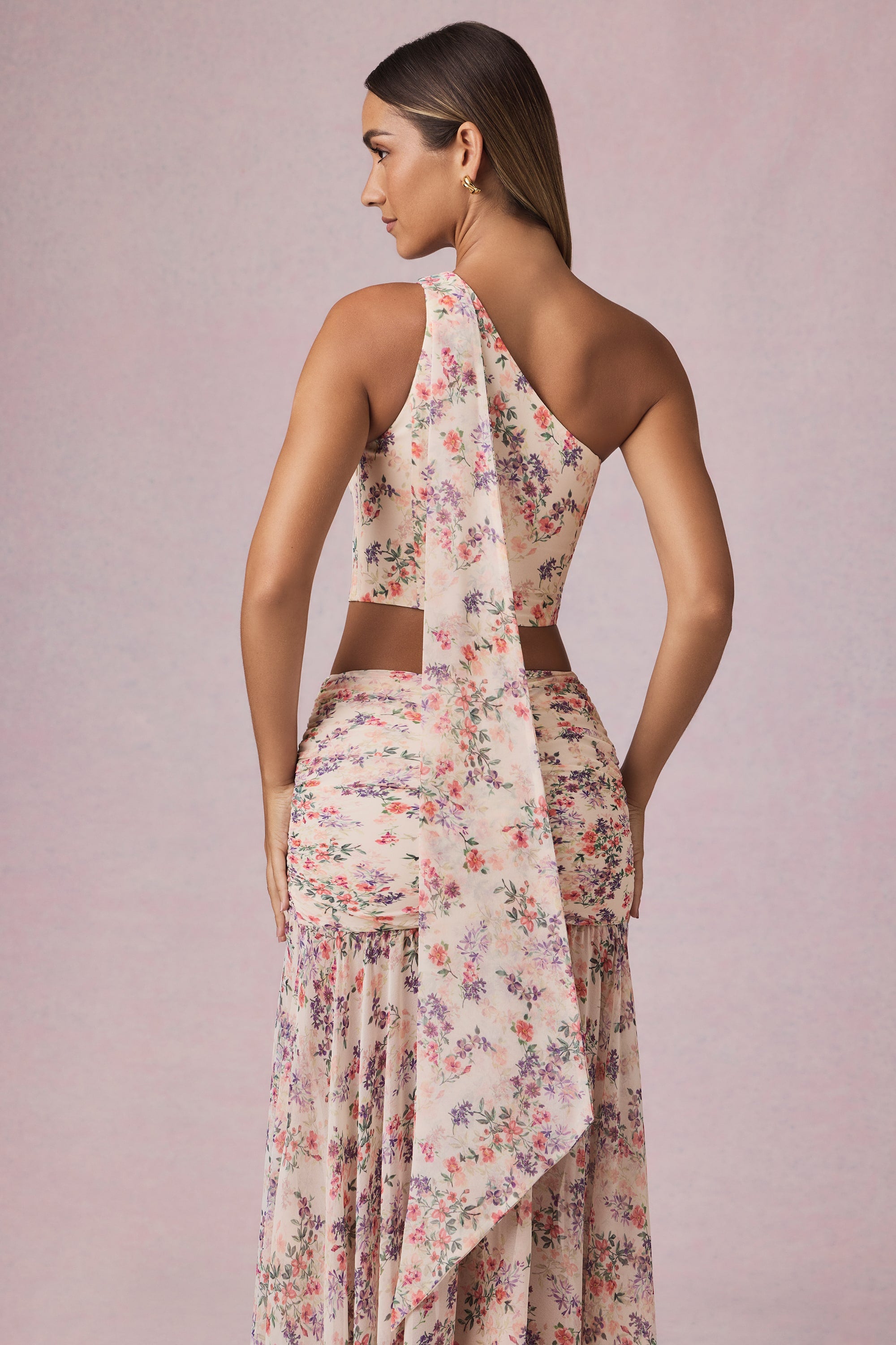 one shoulder scarf print dress One-shoulder cover-up dress in printed silk with scarf bottom Multicoloured