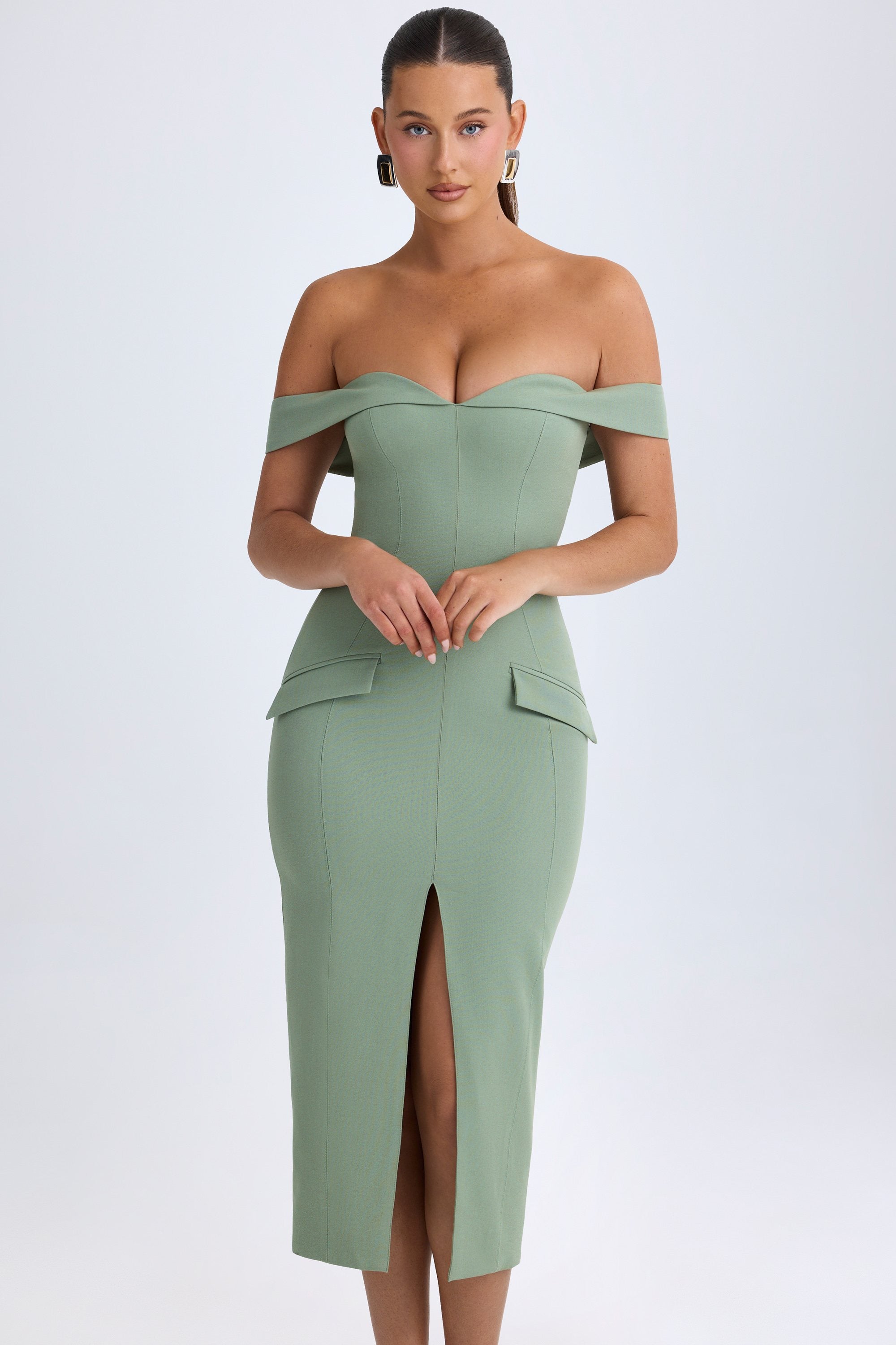 Off-Shoulder Midaxi Dress in Khaki Green - 6 | Oh Polly Off-Shoulder Midaxi Dress in Khaki Green - 6 | Oh Polly
