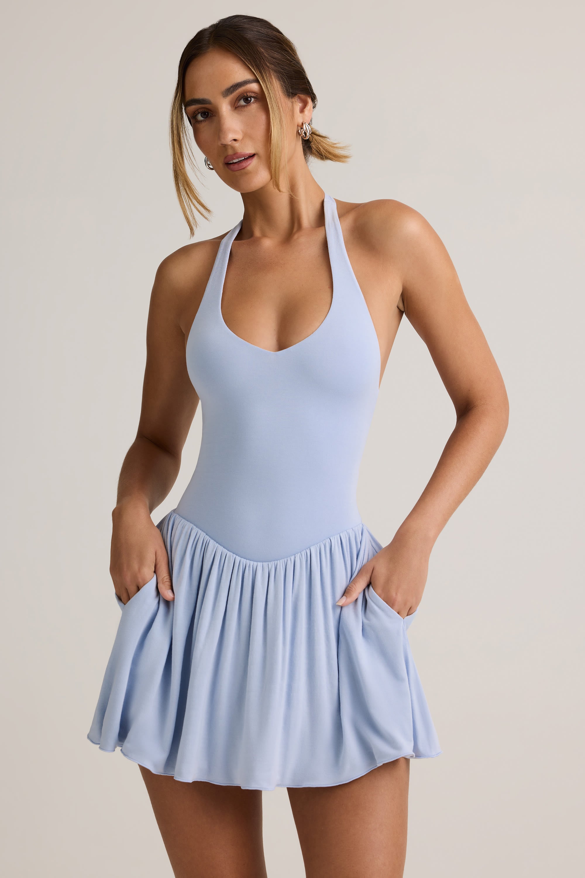 Modal Backless Halterneck Mini Dress in Light Blue - XS