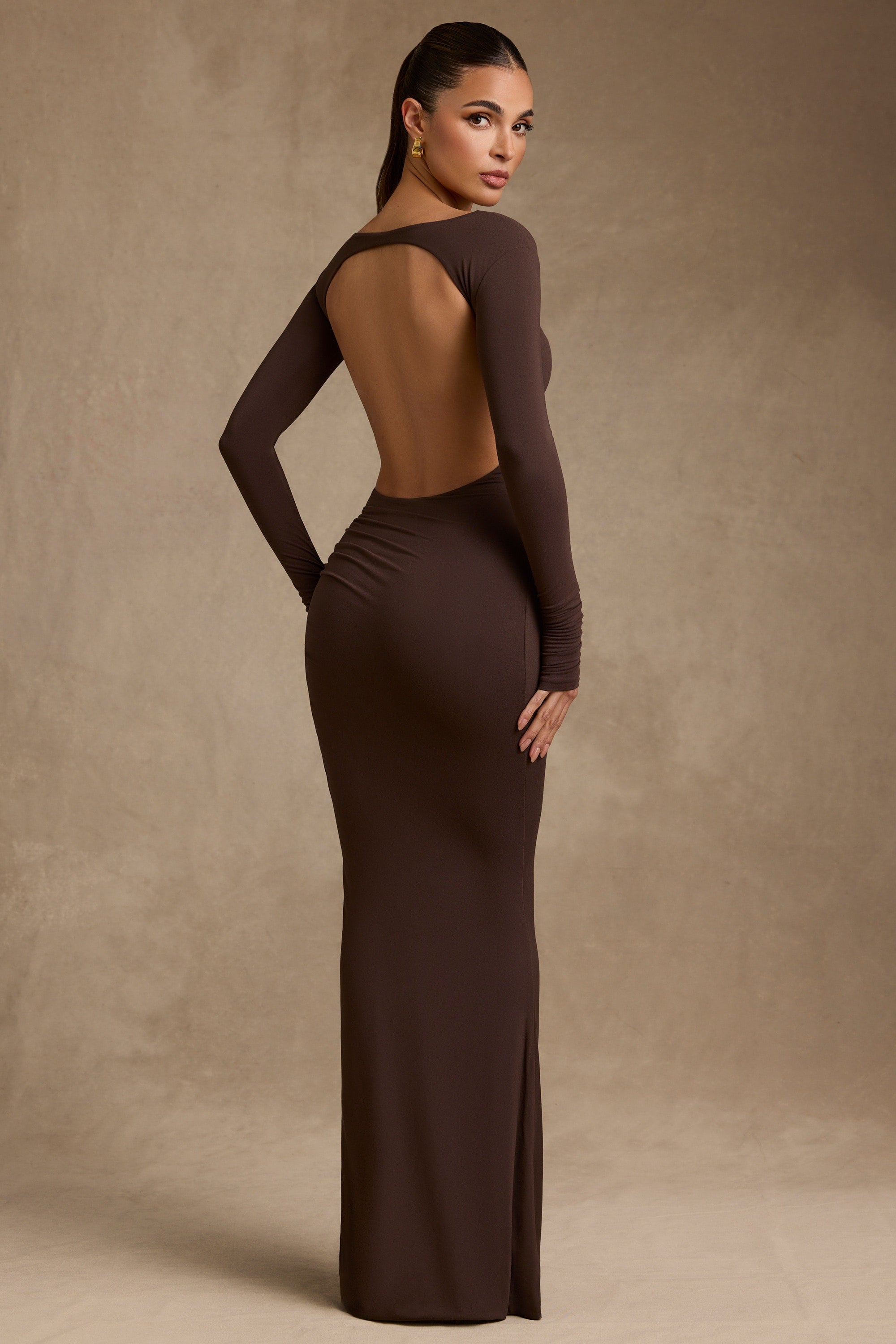 Regine Modal Ruched Backless Maxi Dress in Chocolate Brown Oh Polly