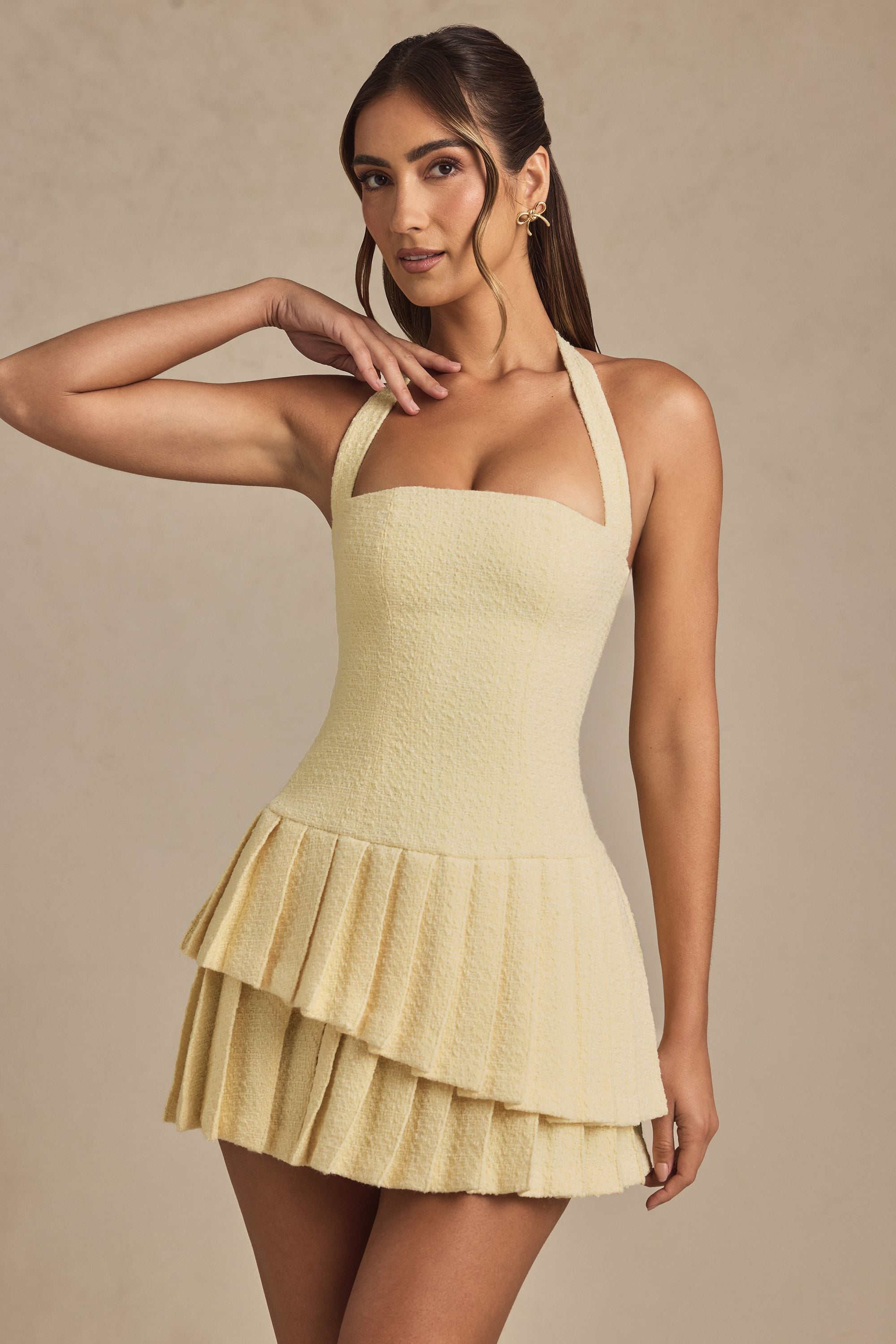 Rosaria Asymmetric Layered Halterneck Mini Dress in Pastel Yellow