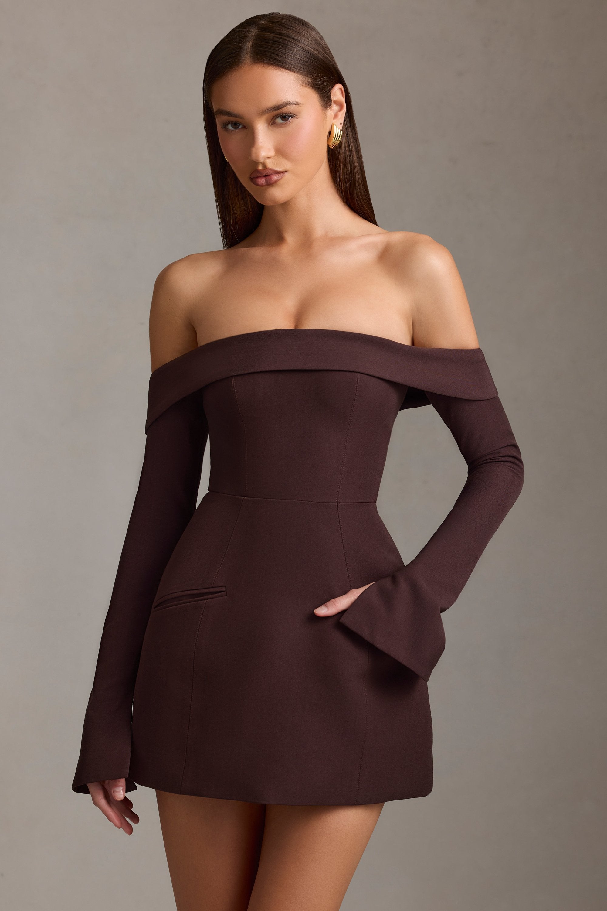 Seraphina Off-Shoulder Structured A-Line Mini Dress in Chocolate