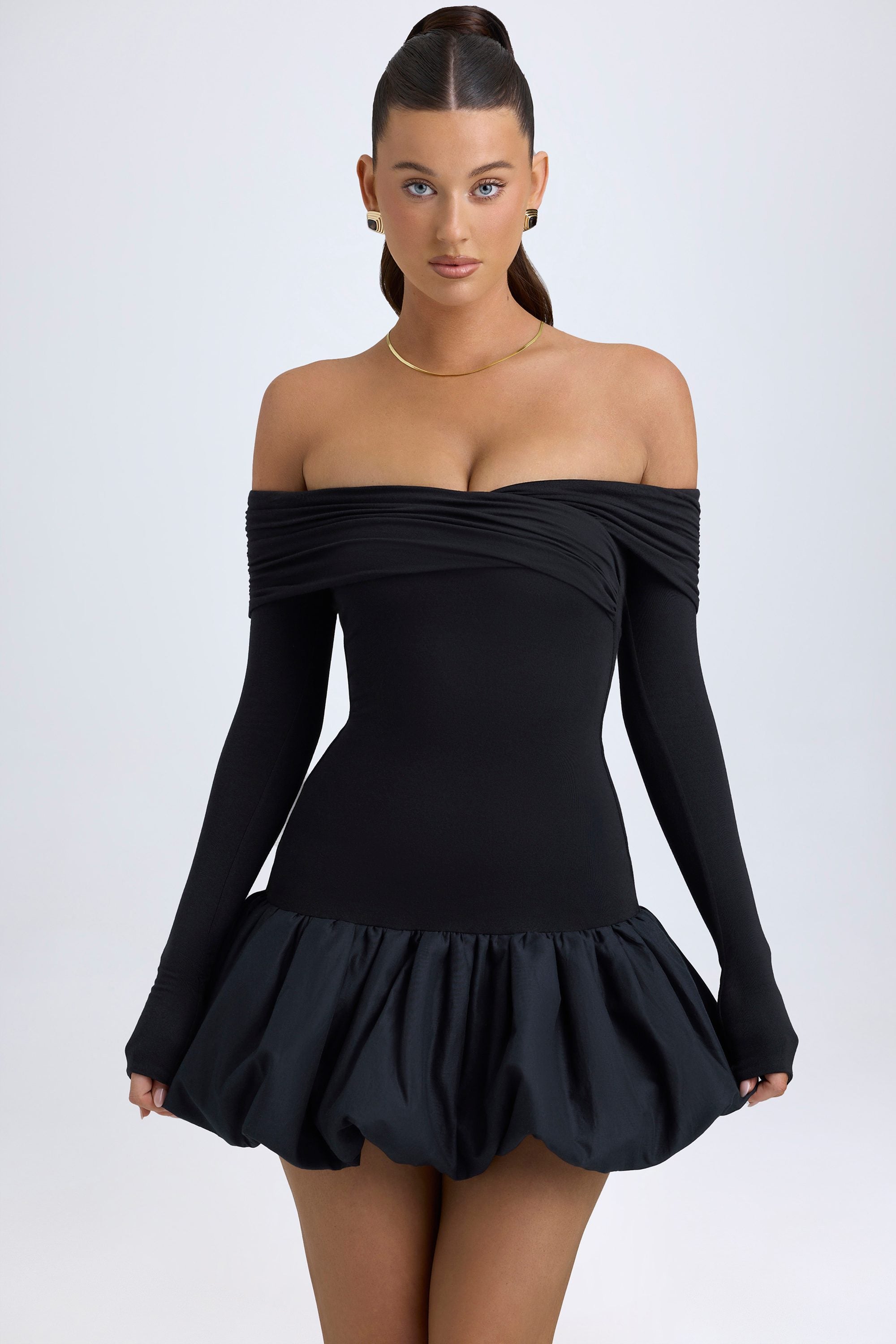 Modal Off-Shoulder Bubble Hem Mini Dress in Black - XXL