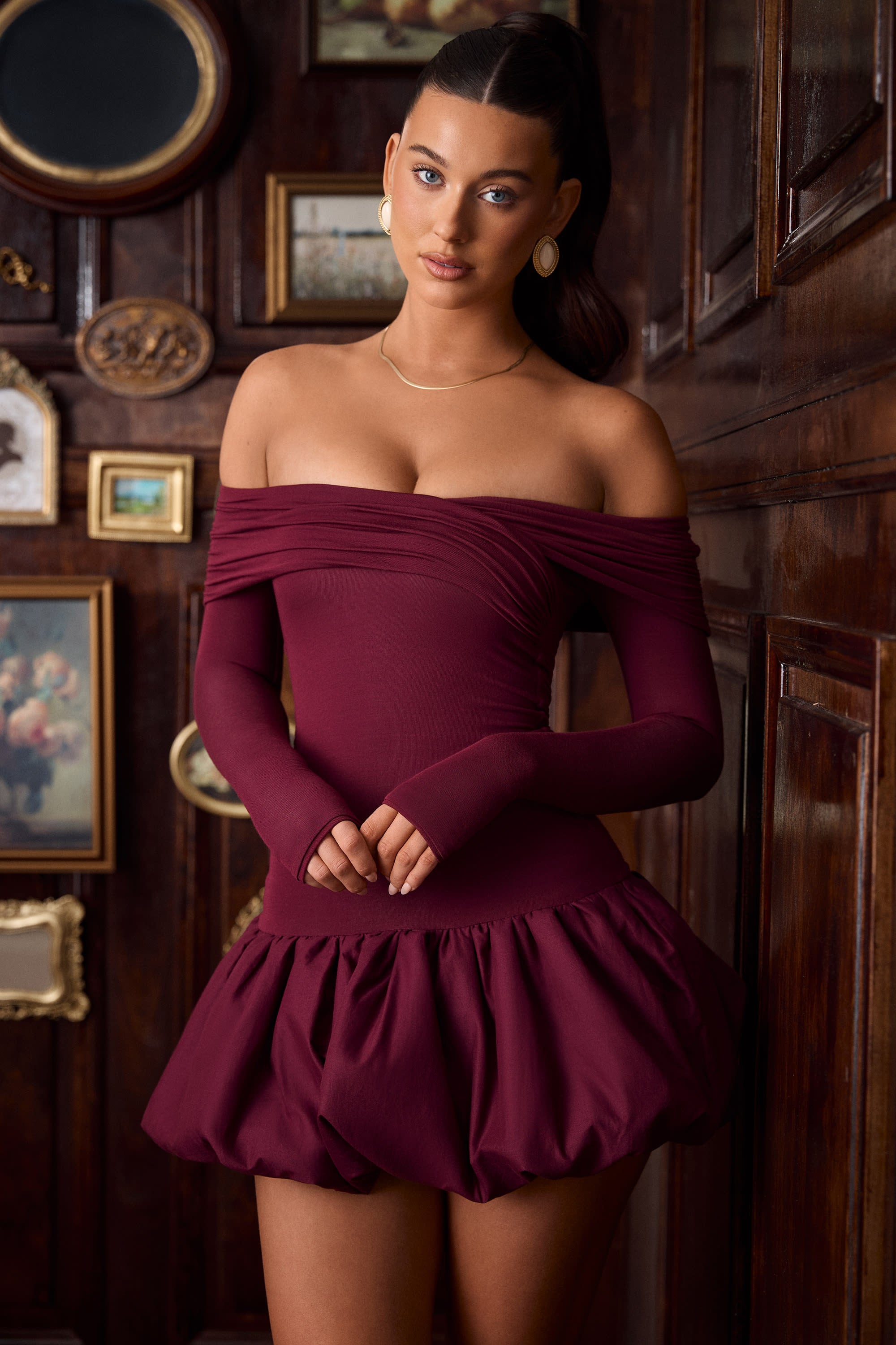 Modal Off-Shoulder Bubble Hem Mini Dress in Wine Red - XL | Oh Polly Modal Off-Shoulder Bubble Hem Mini Dress in Wine Red - XL | Oh Polly