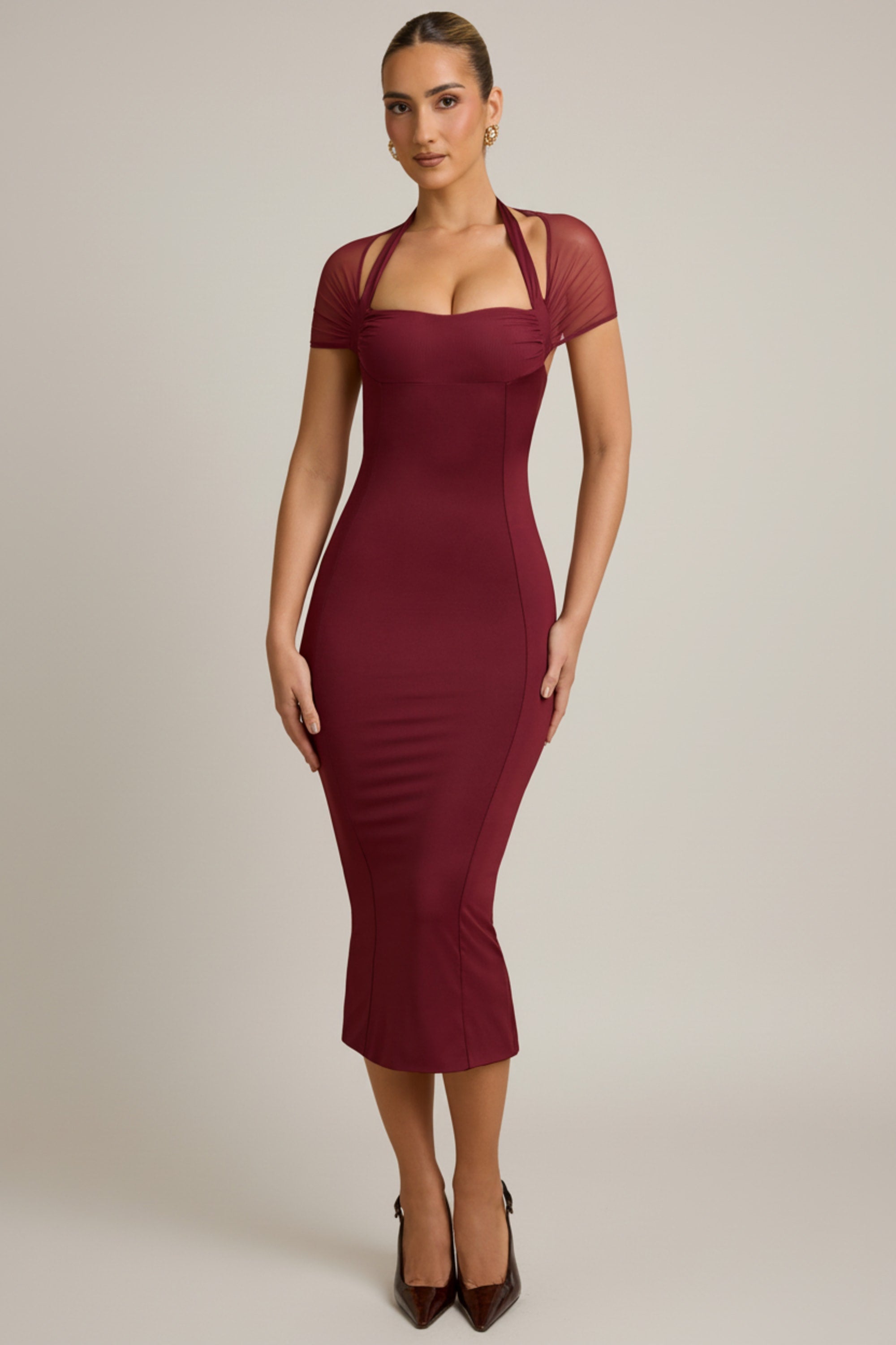 Milita Slinky Jersey Open-Back Midaxi Dress in Wine Red | Oh Polly
