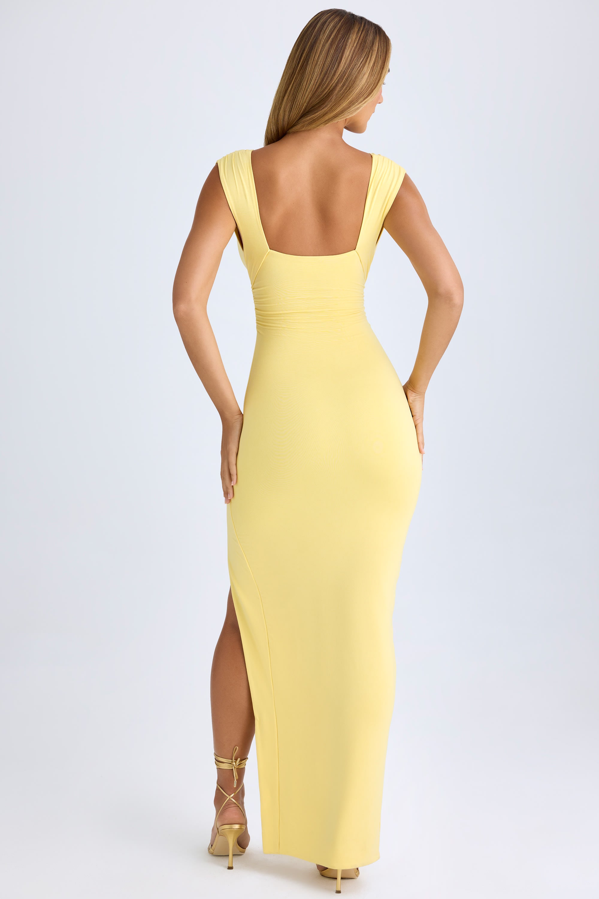 Oh Polly Sloane Split Plunge Neck Maxi Dress in Lemon Sherbet-Yellow