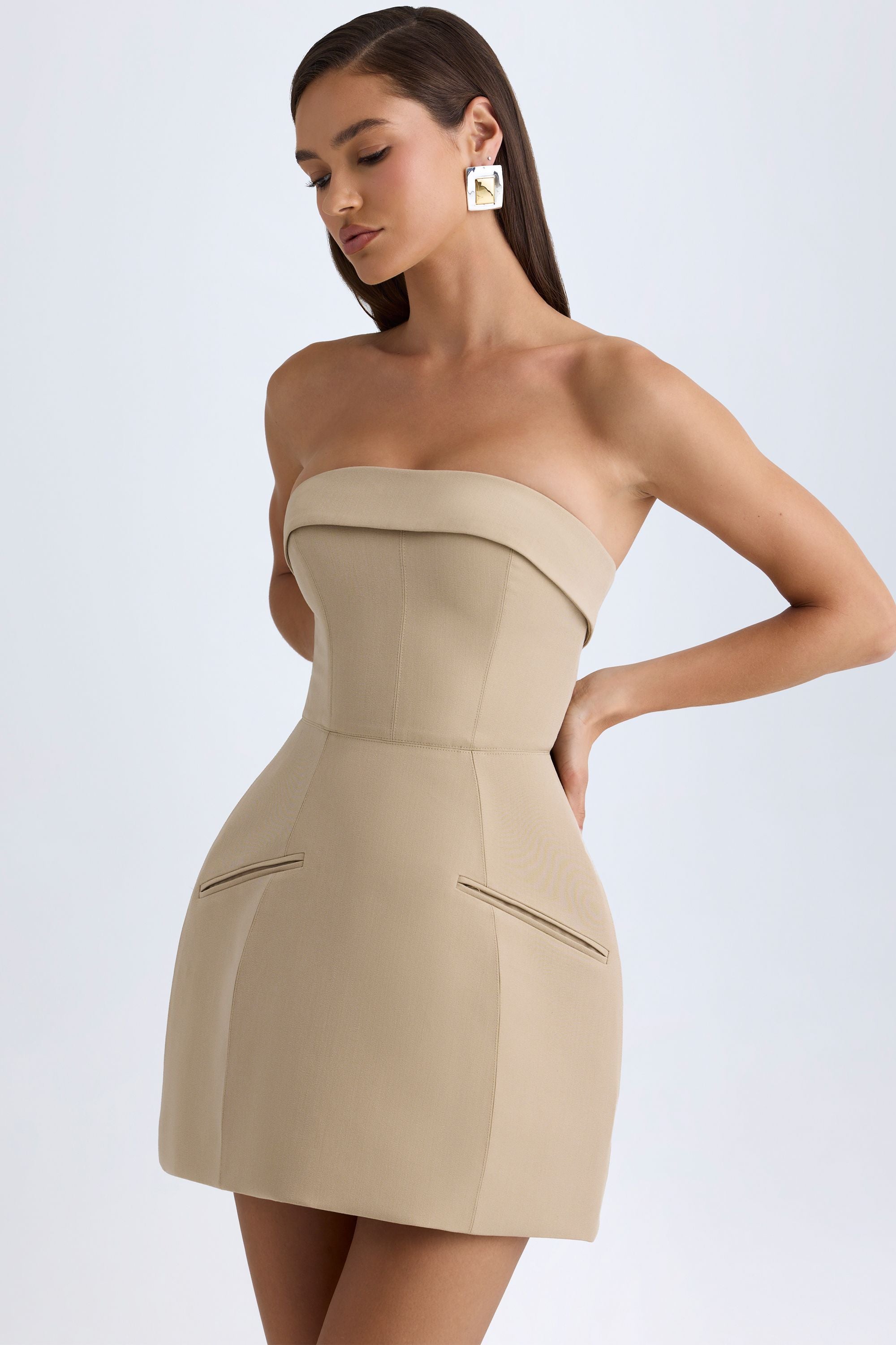 Taia Foldover-Neck Structured Tulip Mini Dress in Camel | Oh Polly Taia Foldover-Neck Structured Tulip Mini Dress in Camel | Oh Polly