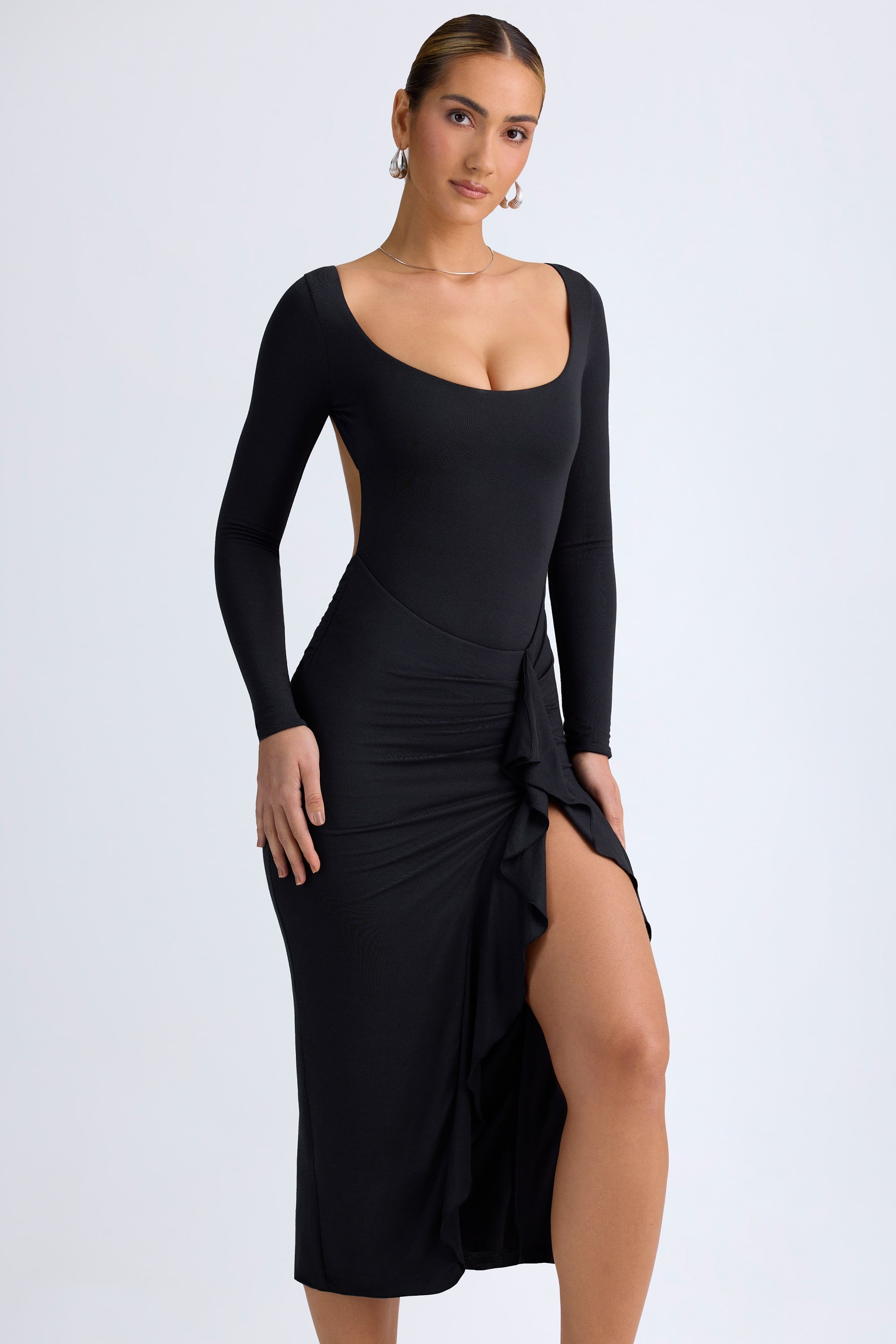 asymmetrical black dress long sleeve Tarai Modal Ruffled Midaxi Dress in Black