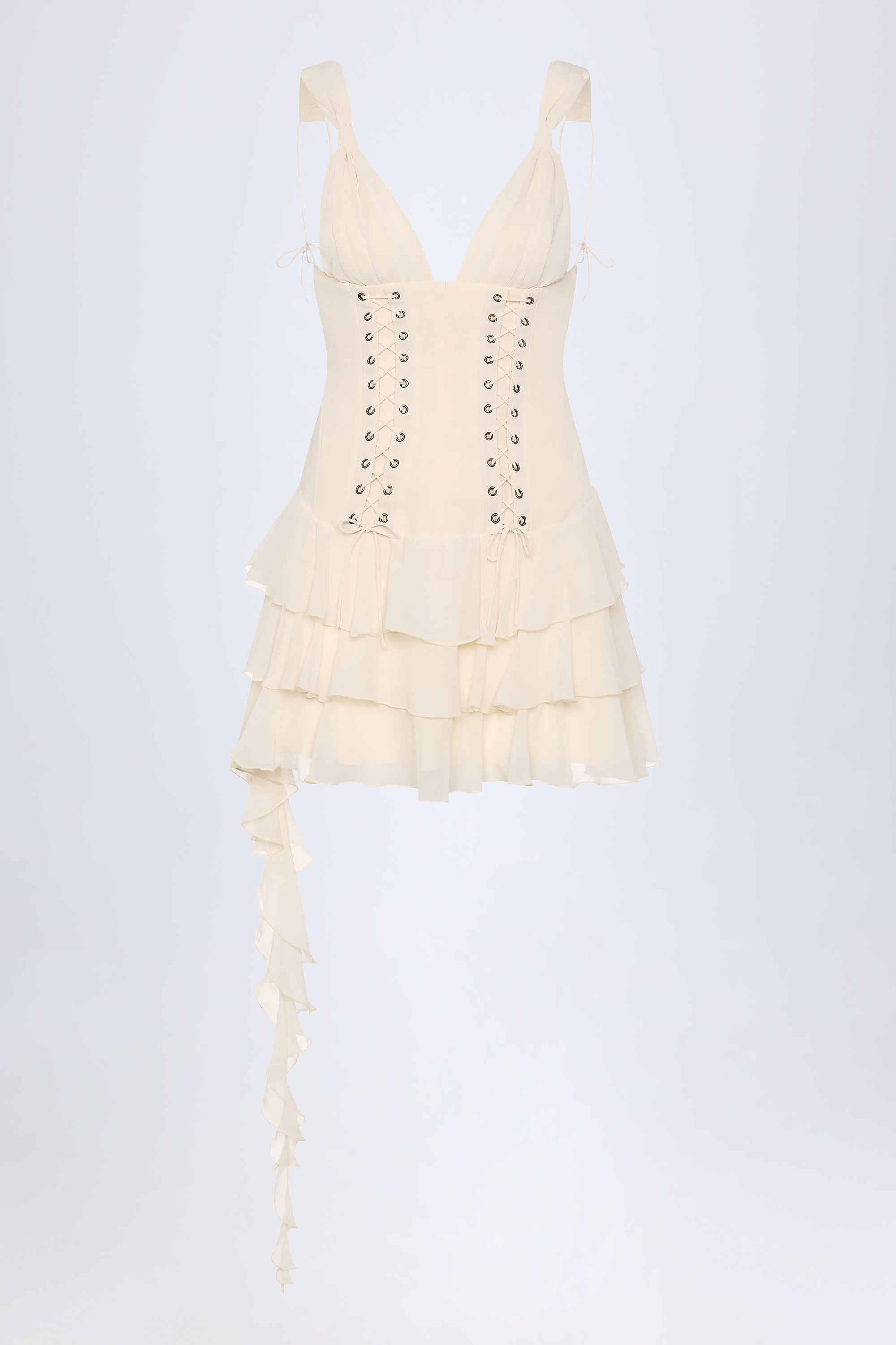 Toren Lace-Up Ruffled Tiered Mini Dress in Ivory | Oh Polly Toren Lace-Up Ruffled Tiered Mini Dress in Ivory | Oh Polly