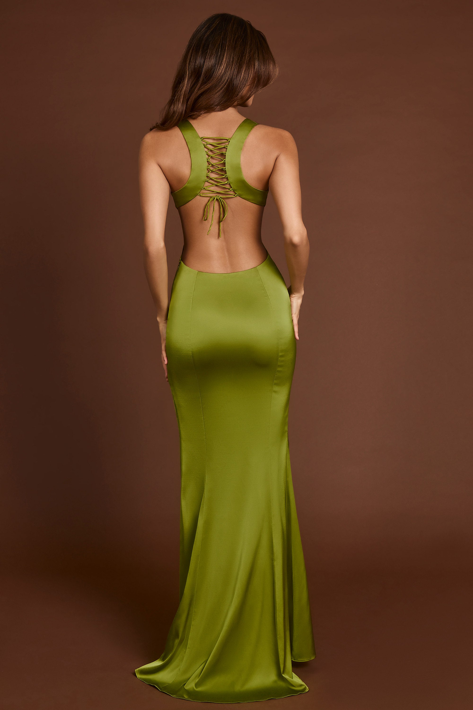 Vittoria Scoop-Neck Lace-up Back Maxi Dress in Olive Green | Oh Polly