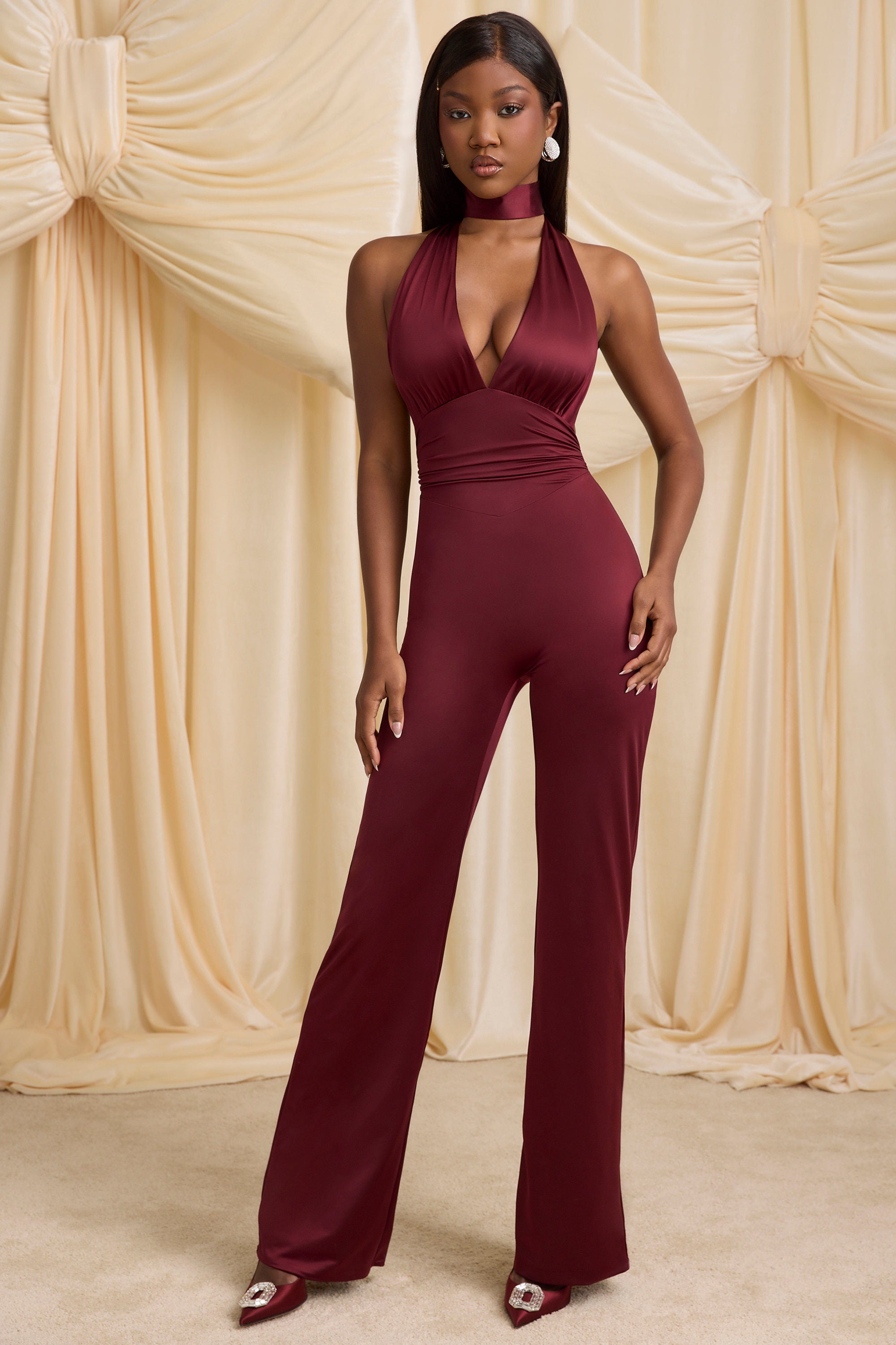 Maroon Jumpsuit Wine Color Long-sleeved Solid Color Casual Wine Red Trousers Jumpsuit