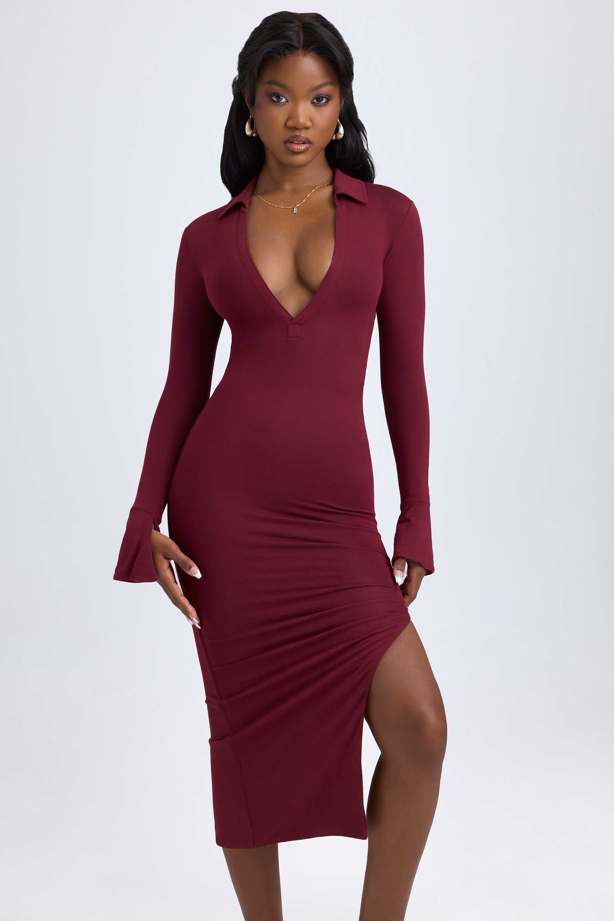 Yael Modal Plunge V-Neck Midaxi Dress in Wine Red