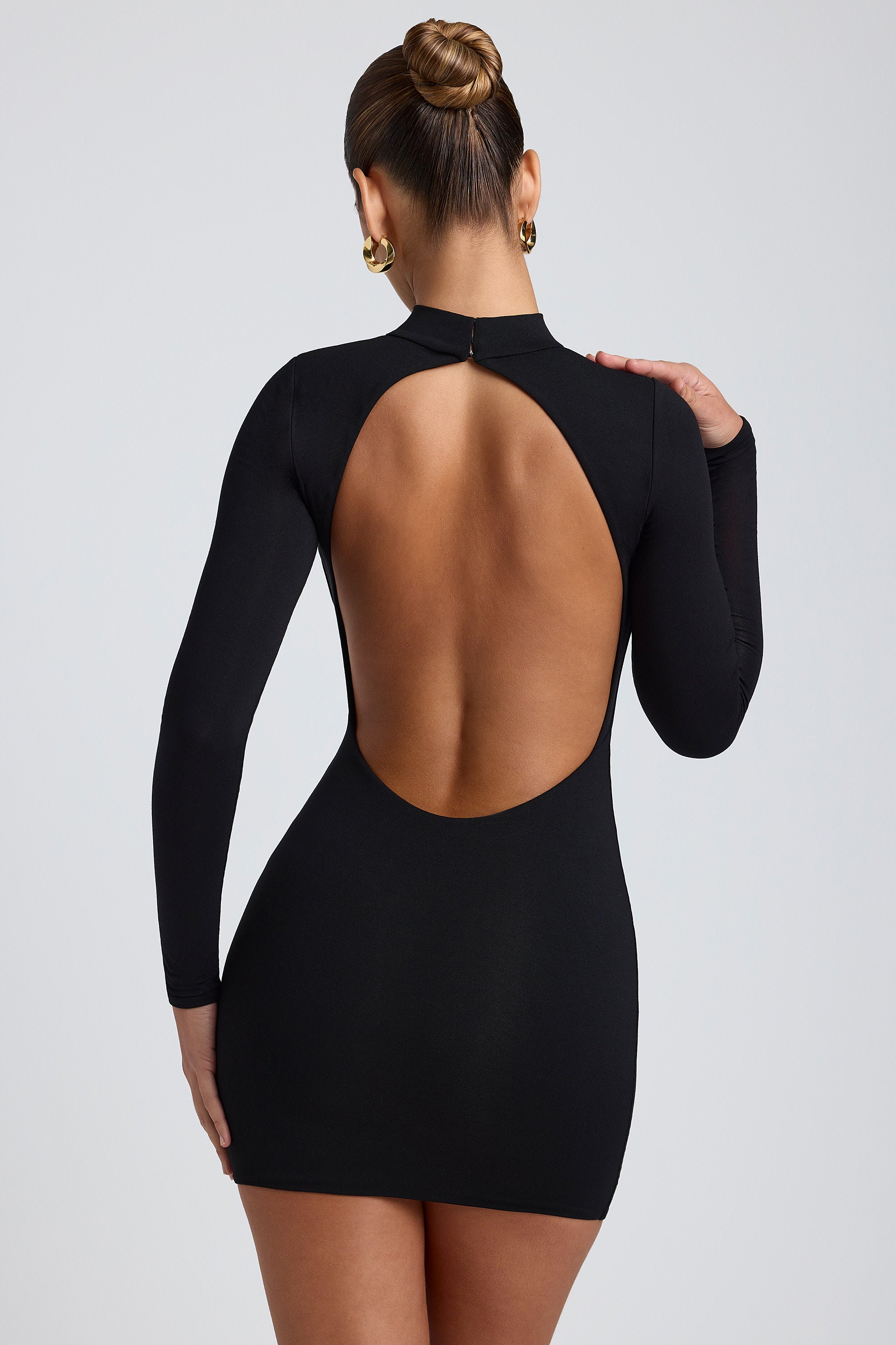 Modal Open-Back Long-Sleeve Mini Dress in Black - M