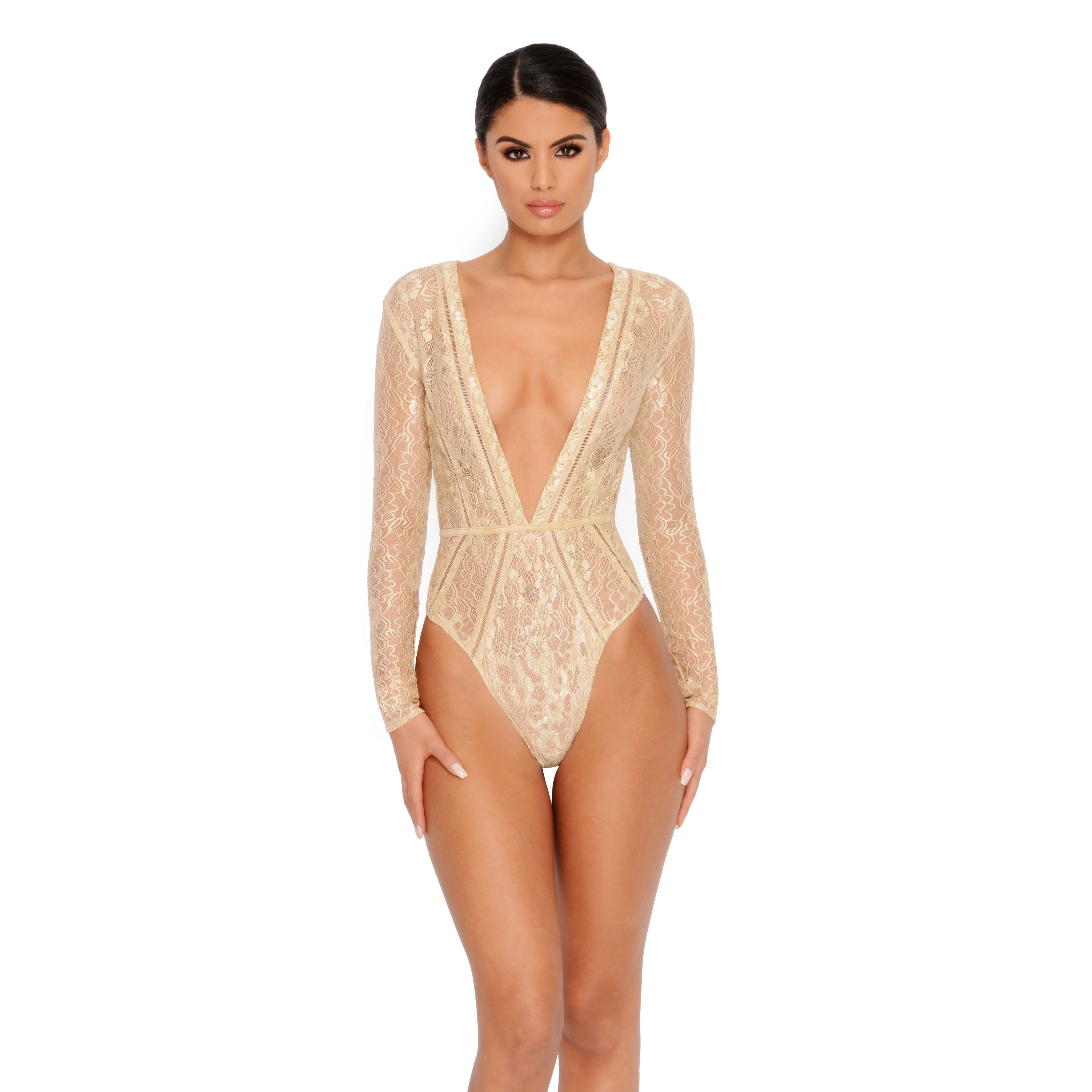 Cream Lace Long Sleeve Backless Thong Bodysuit