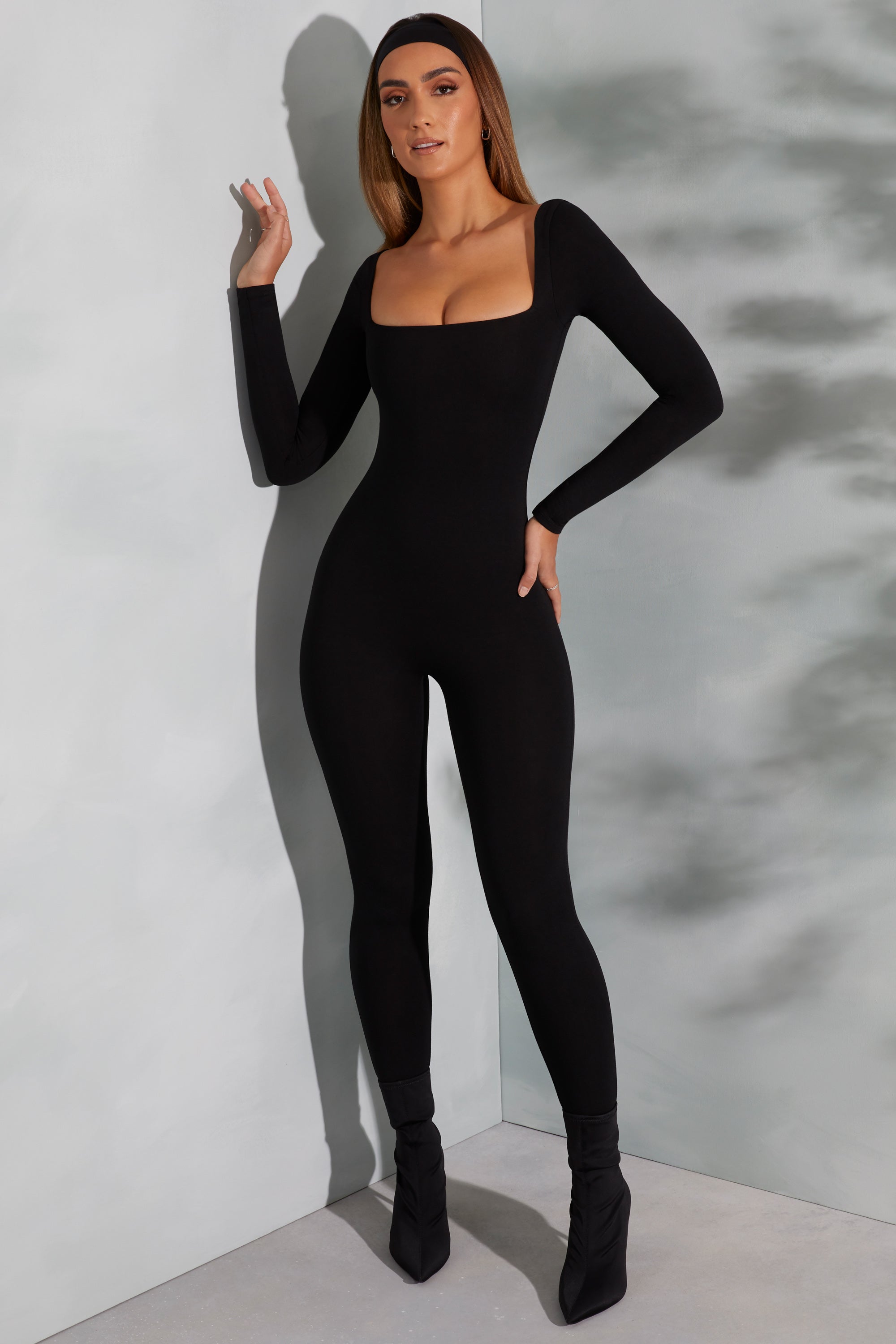 Square Neck Long Sleeve Jumpsuit in Black - Main Image