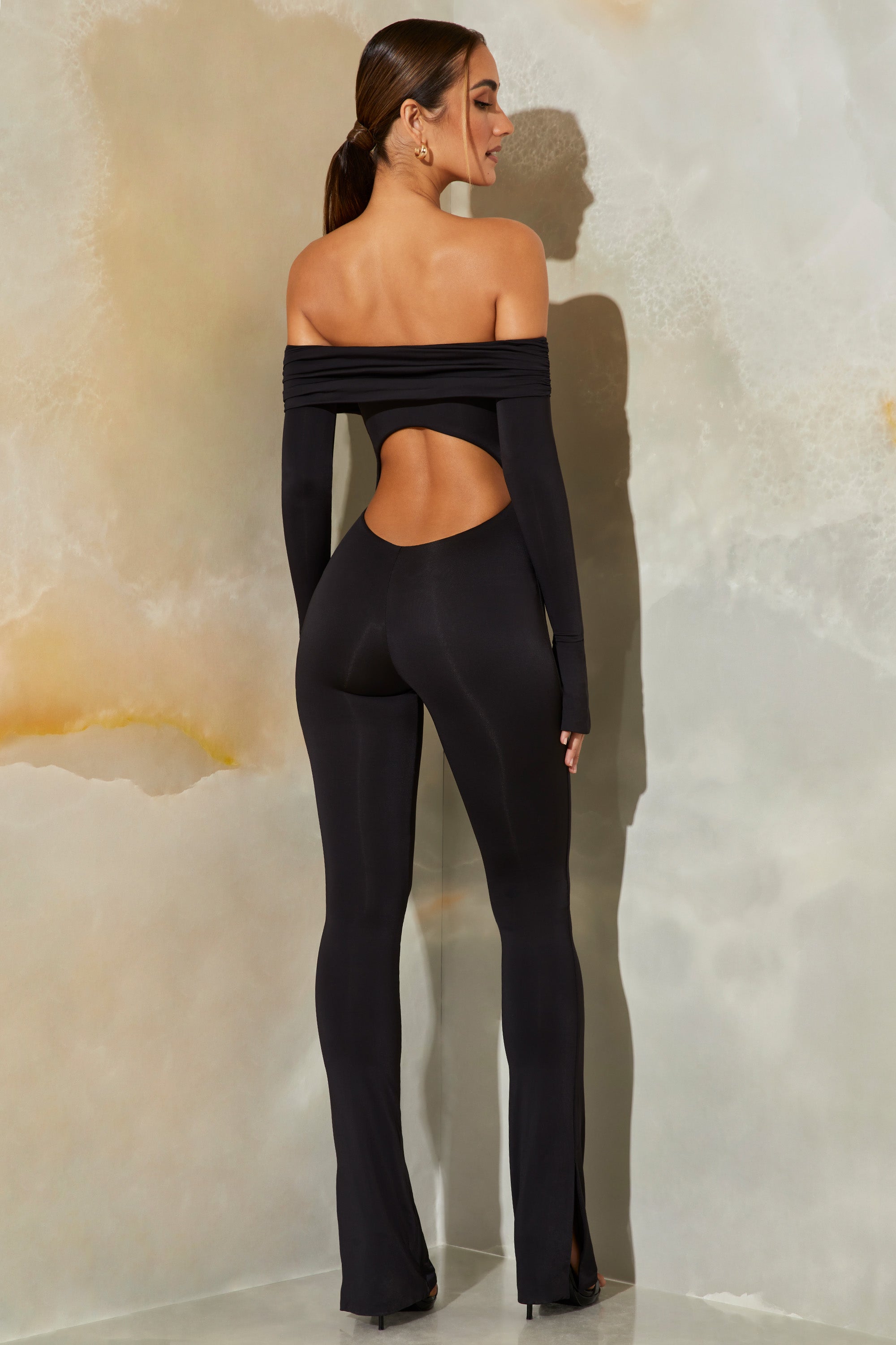 Petite Long Sleeve Open Back Jumpsuit in Black