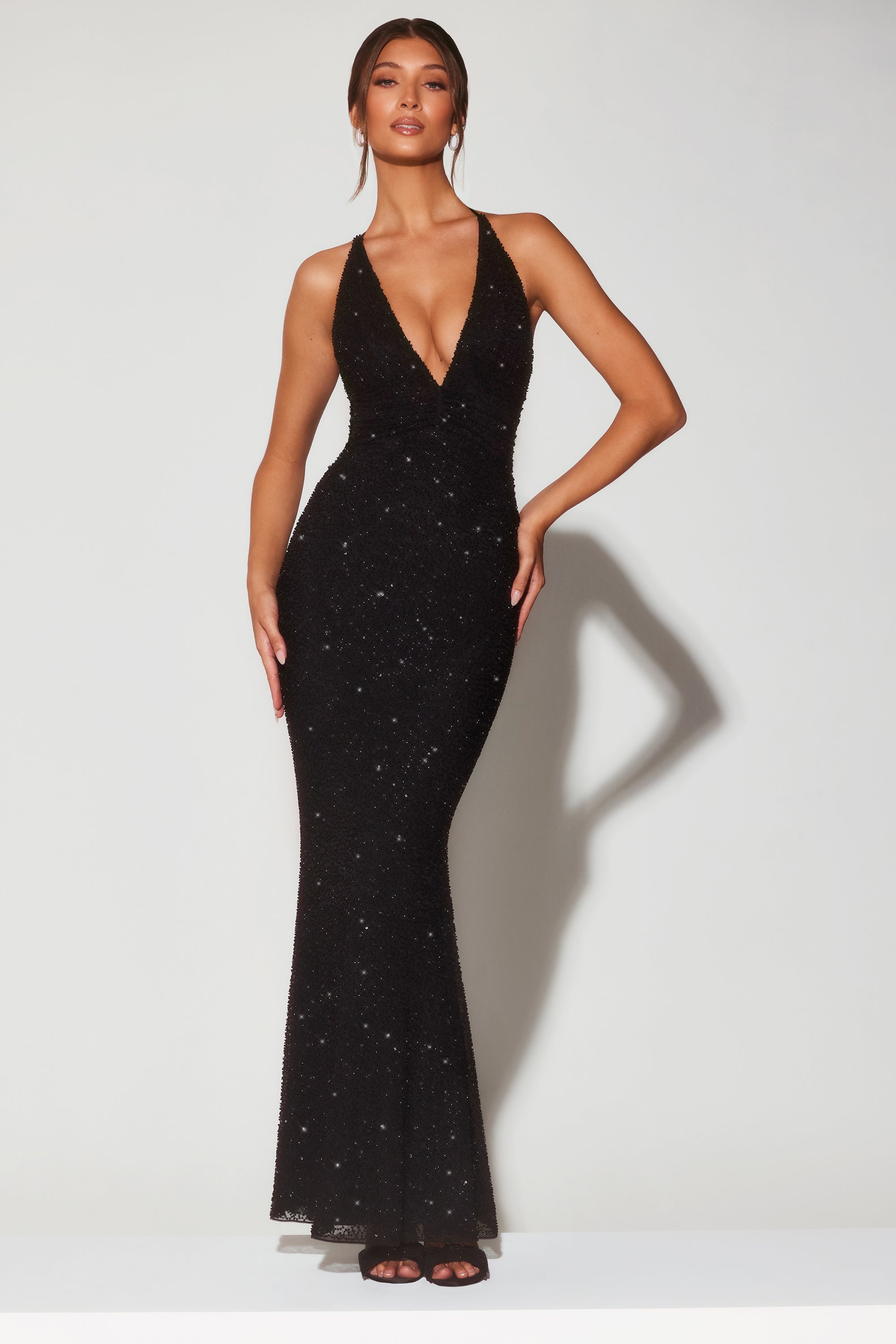 Embellished Plunge Halter Neck Evening Gown in Black - 2