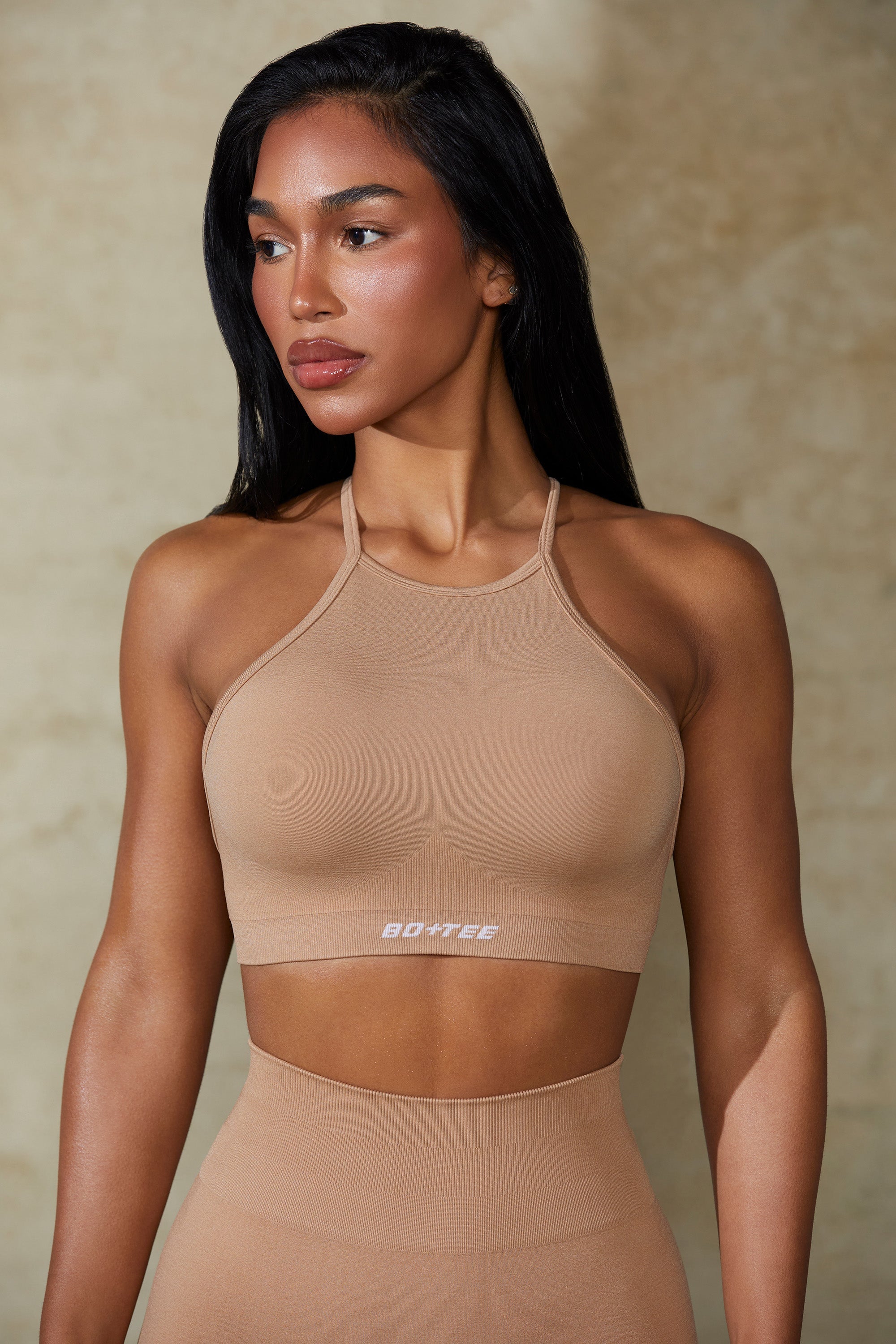 Flex High Neck Open Back Define Luxe Sports Bra in Warm Taupe