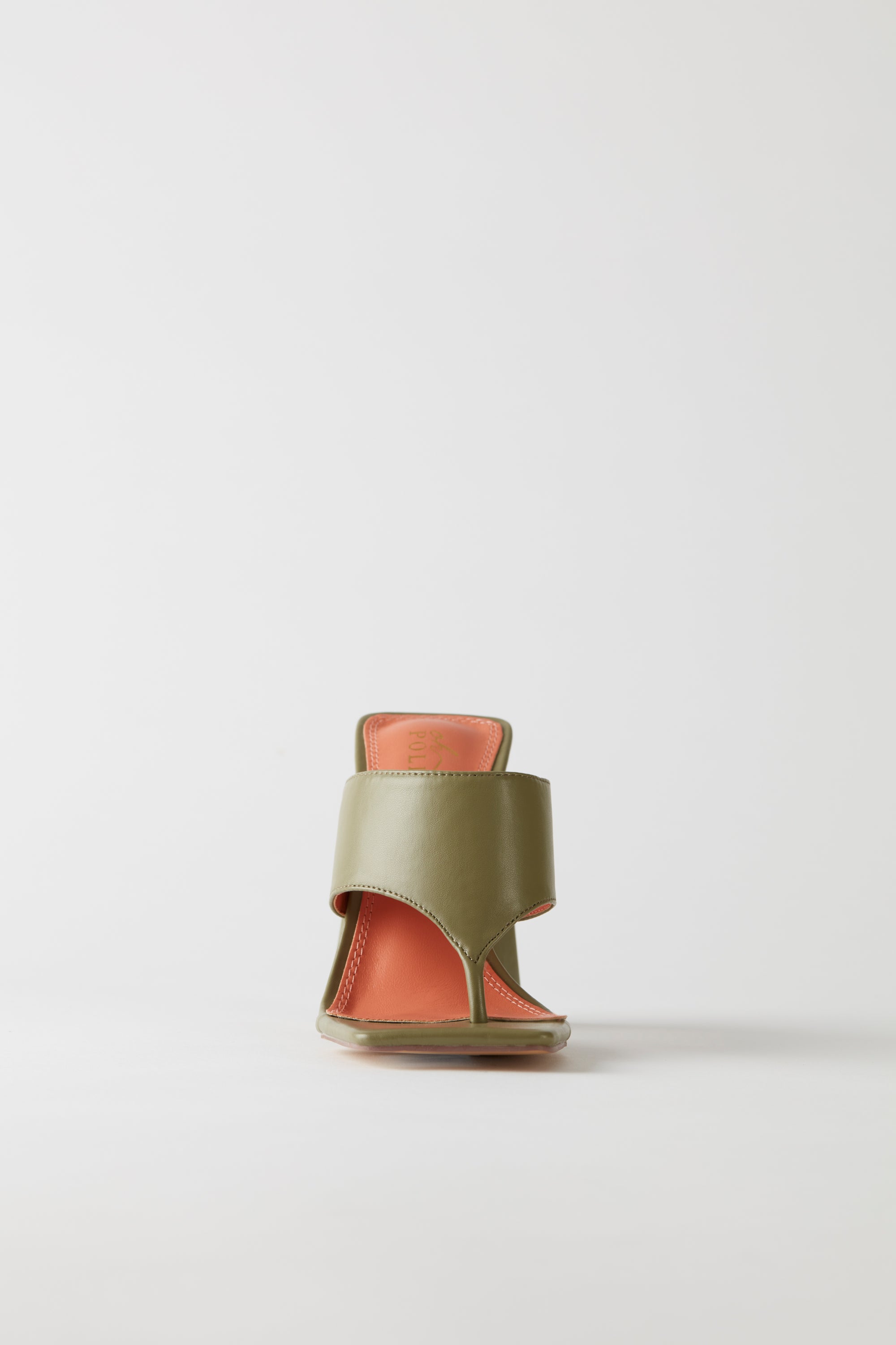 Love Triangle Toe Post Leatherette Mule Heels in Olive | Oh Polly