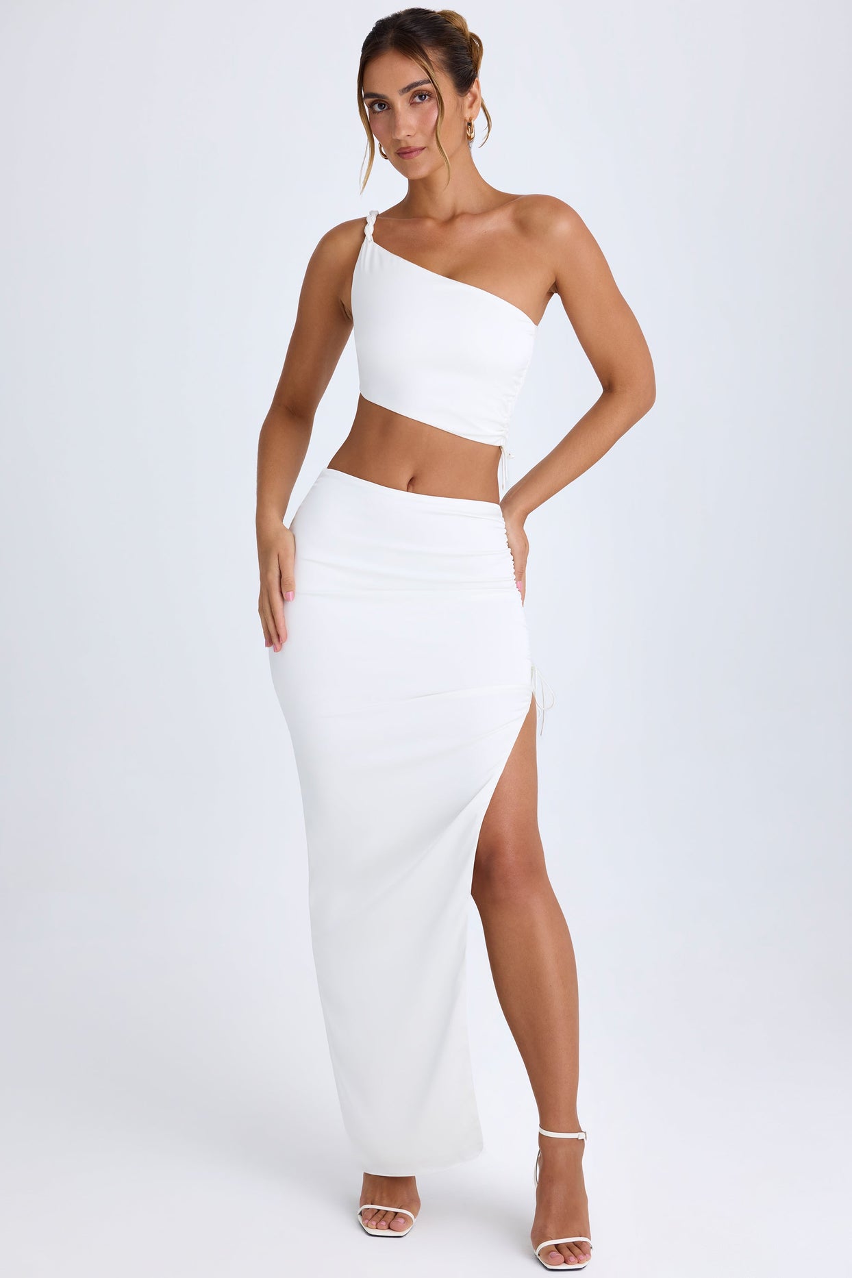 Ruched Asymmetric Maxi Skirt in White